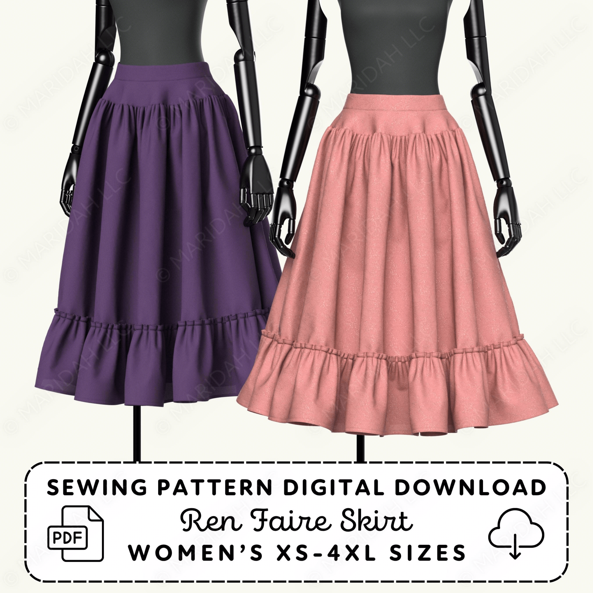 Two mannequins wearing purple and pink skirts with a sewing pattern digital download label.