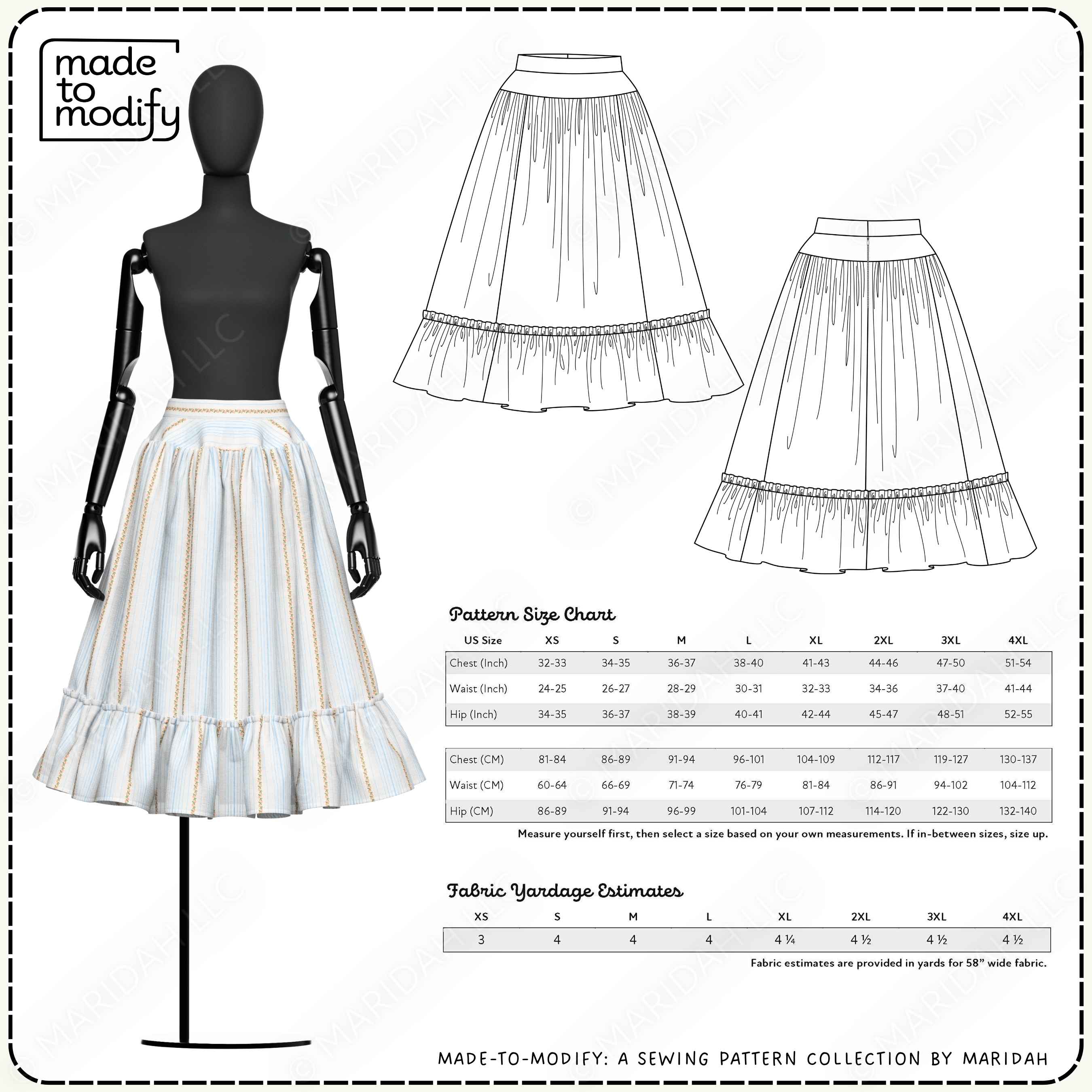 Skirt pattern with mannequin and size chart on a white background