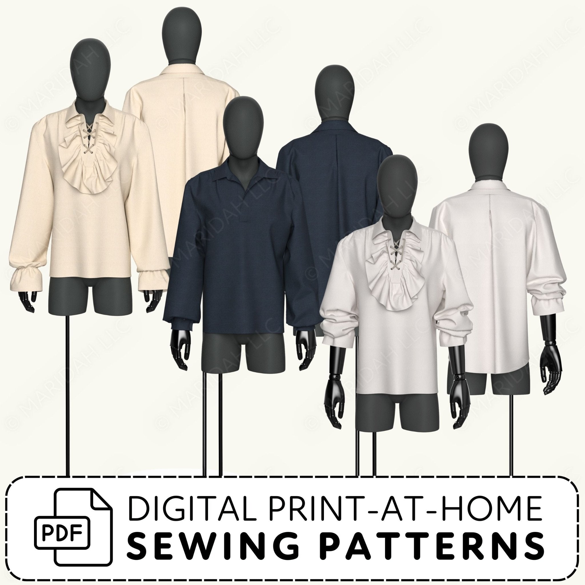 Mannequins wearing various shirts with text about digital print-at-home sewing patterns.
