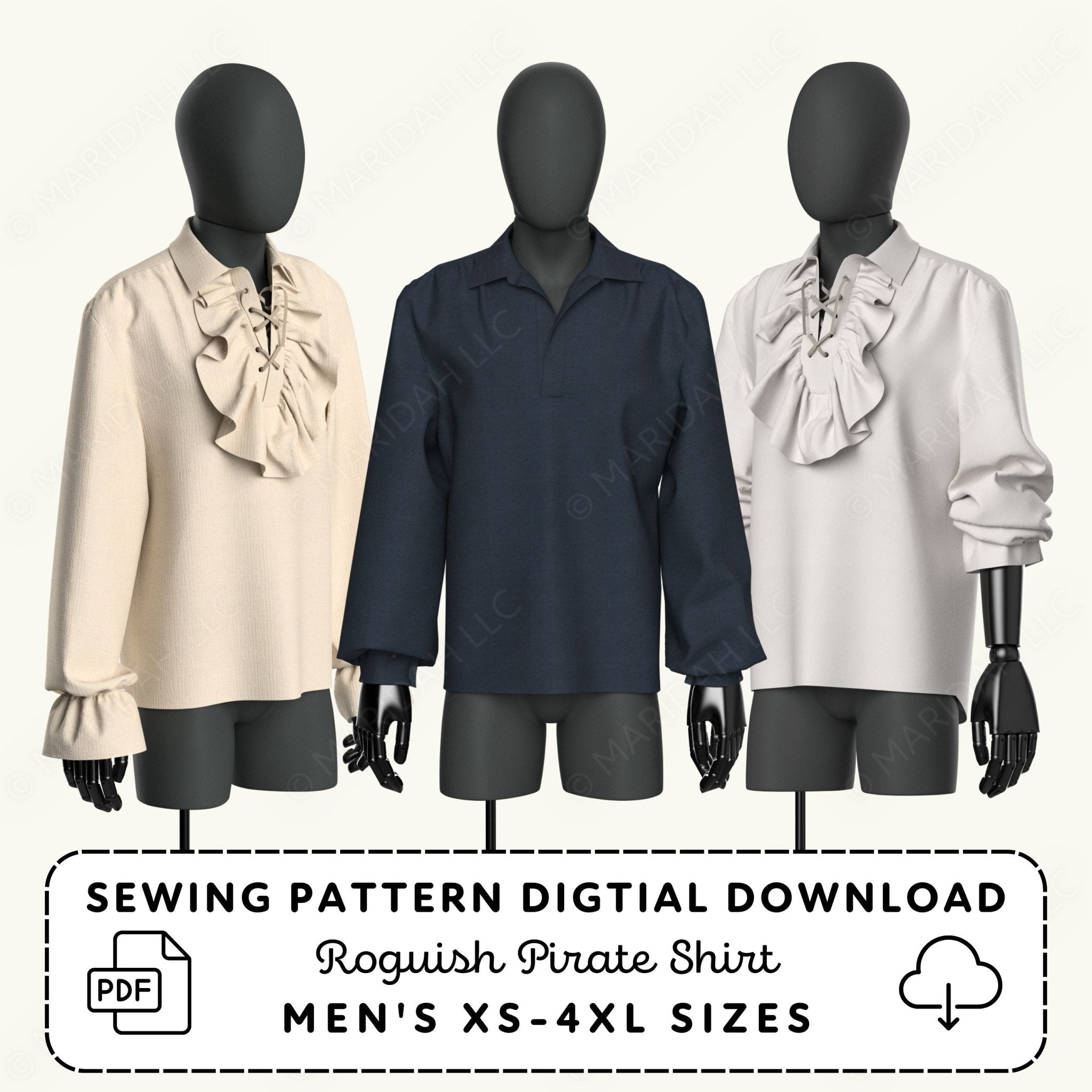 three mannequins wearing different colored shirts, including a white shirt, a navy blue shirt, and a white shirt.