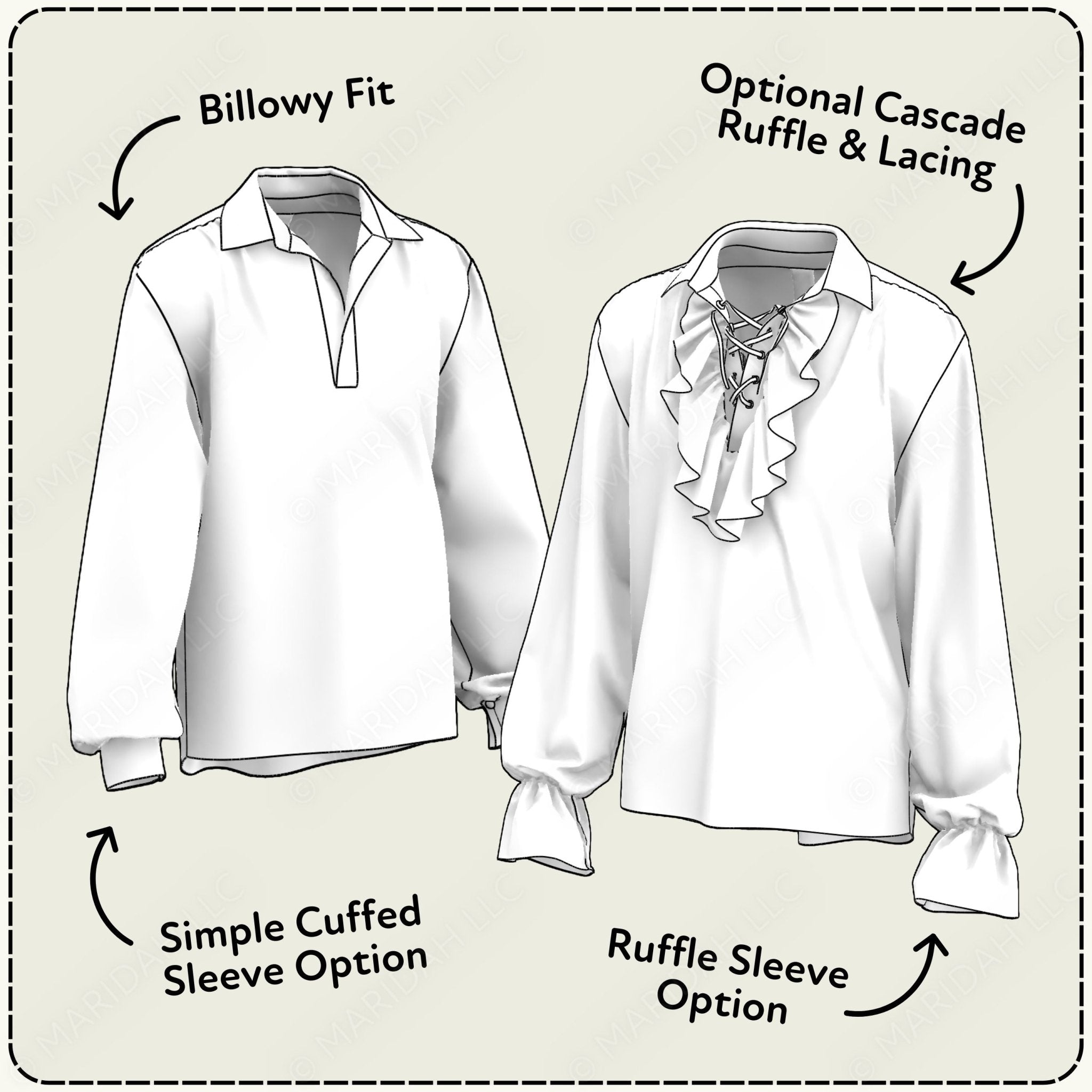 Illustration of a white blouse with billowy fit, ruffle sleeve option, and cascade ruffle details.