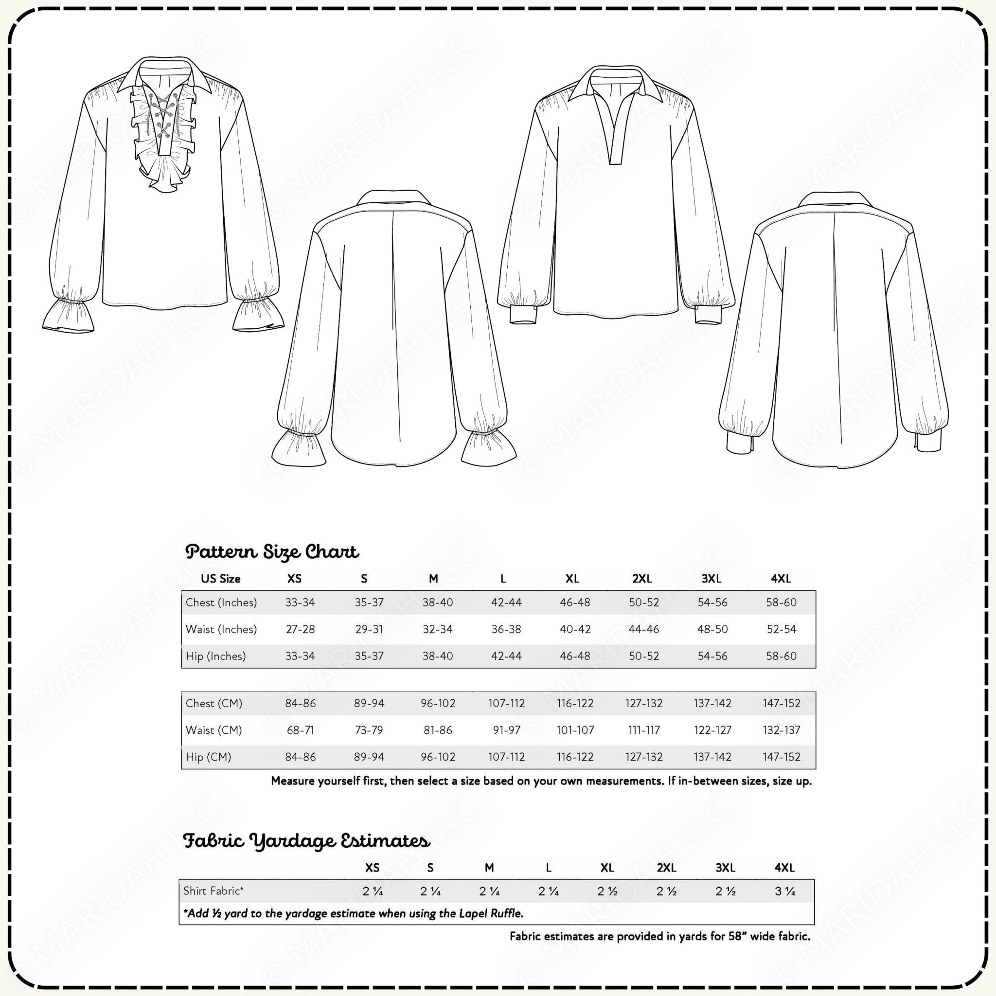 a pattern size chart and fabric yardage estimates for various sizes of shirts, including UK, US, S, M, L, XL, XXL, and THL. The chart provides measurements for chest, waist, hip, and leg sizes, along with corresponding sleeve and collar sizes. The fabric yardage estimate shows the yardage in yards for each size, with additional information about how to adjust the yardage based on the LAPLARFF.