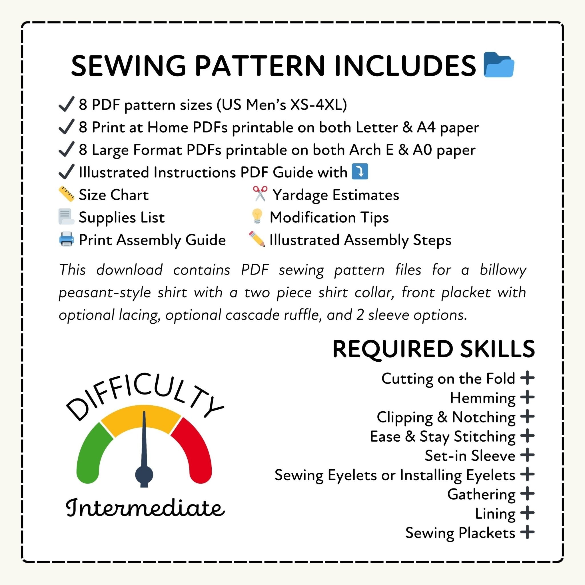 Sewing pattern information sheet with details on PDF sizes, included materials, and required skills.