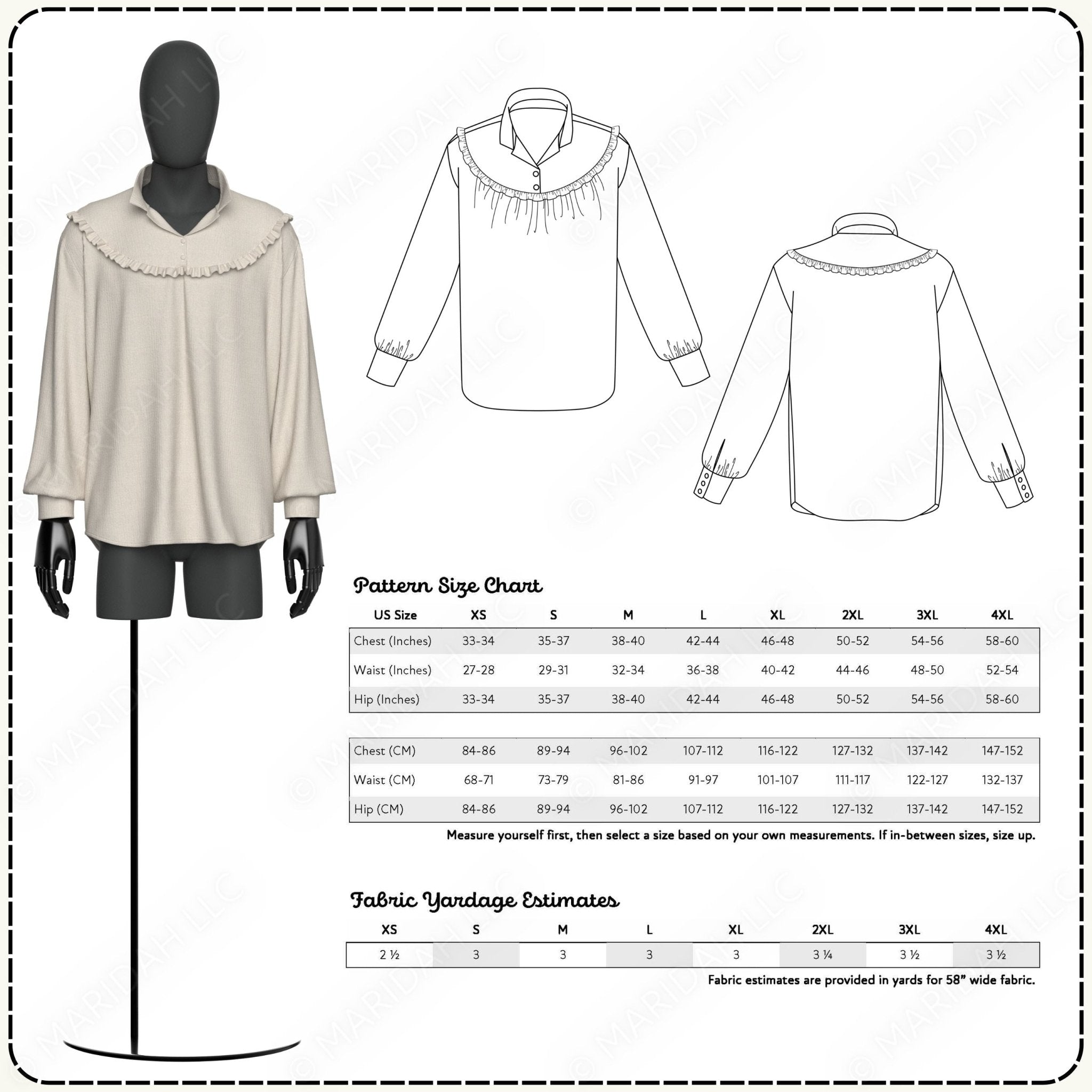 The image is a pattern size chart and fabric yardage estimates for a shirt, with a mannequin model wearing the shirt.
