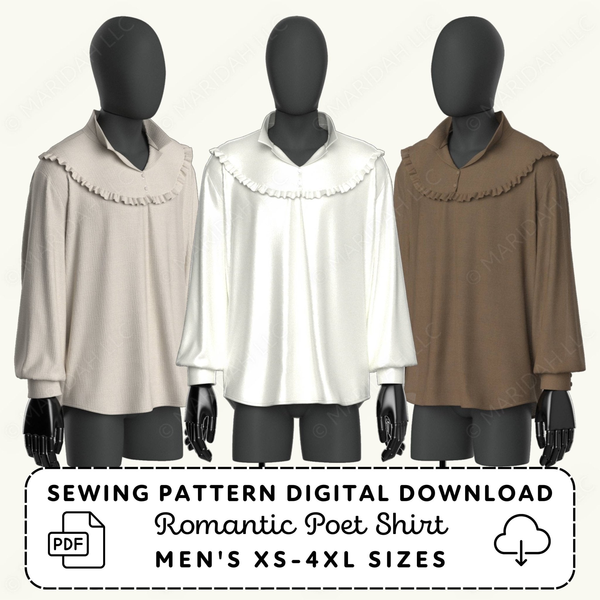 Three mannequins wearing different colored shirts with a sewing pattern digital download label.