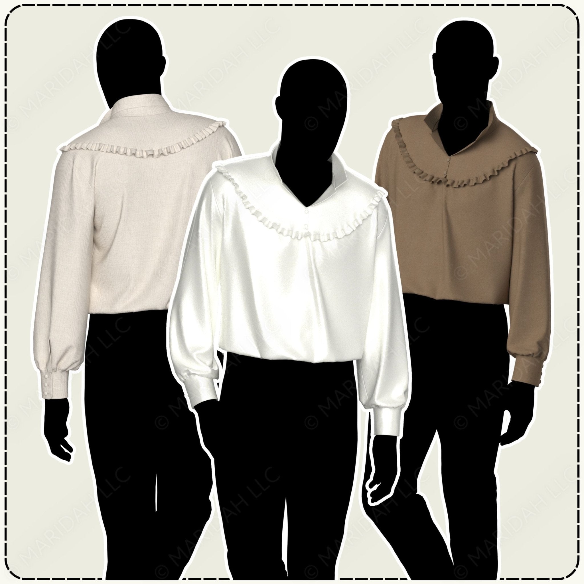 Three mannequins wearing different colored blouses on a plain background