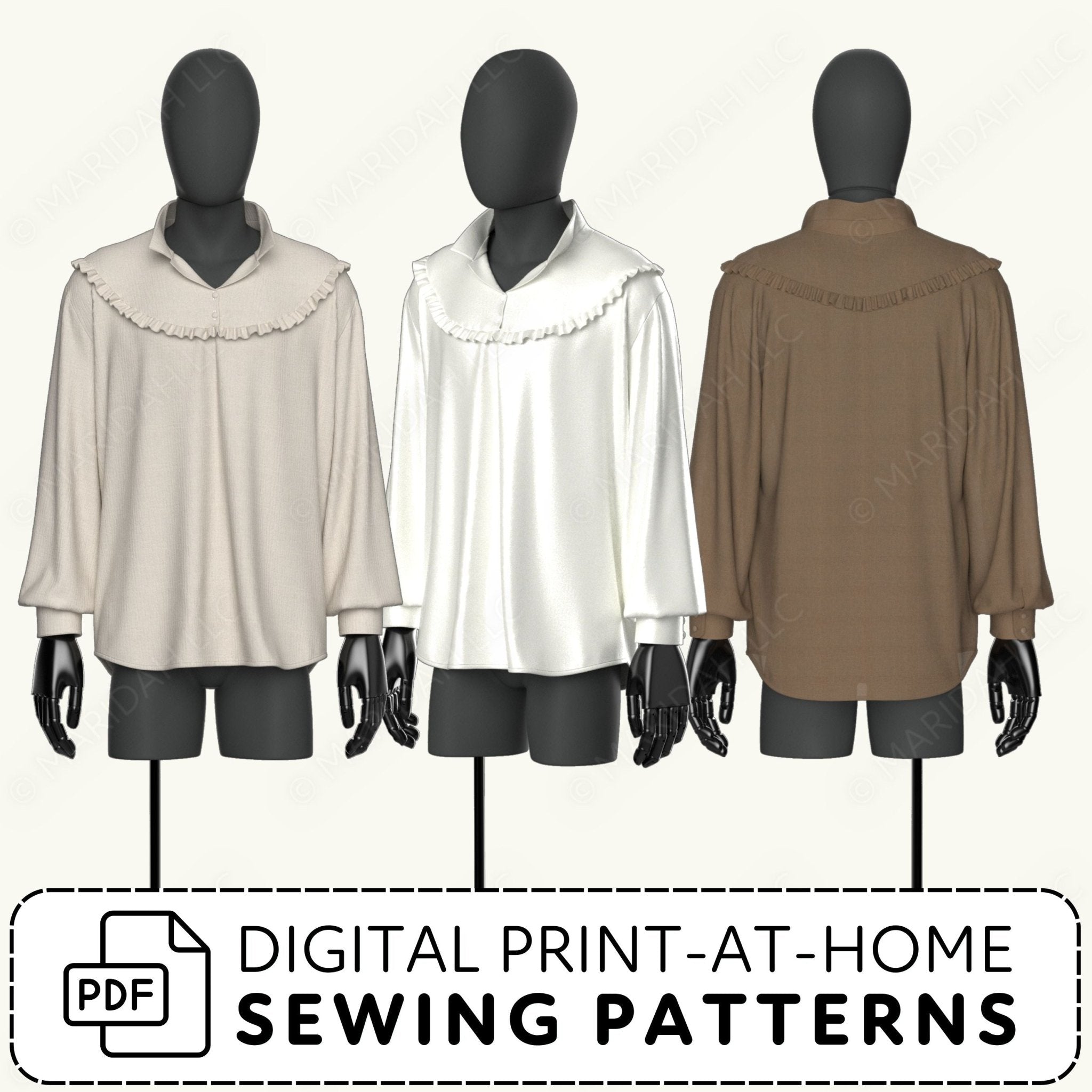 Three mannequins wearing different colored tops with a digital print-at-home sewing patterns label.