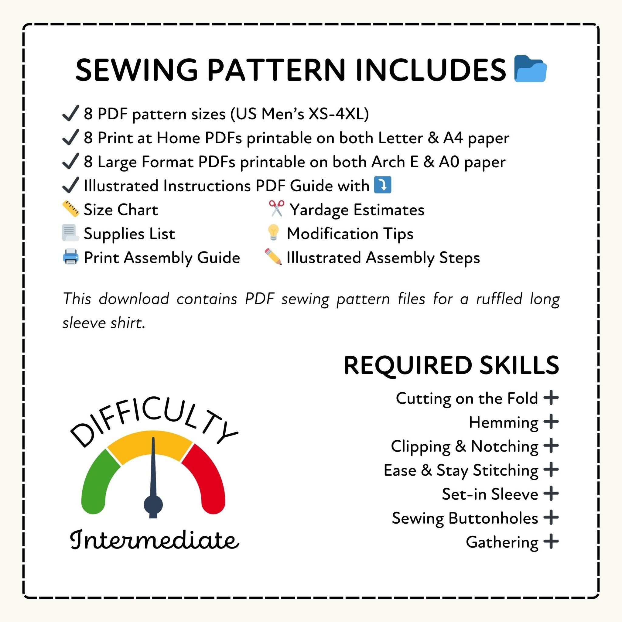 Sewing pattern information with PDF sizes, formats, and required skills listed.