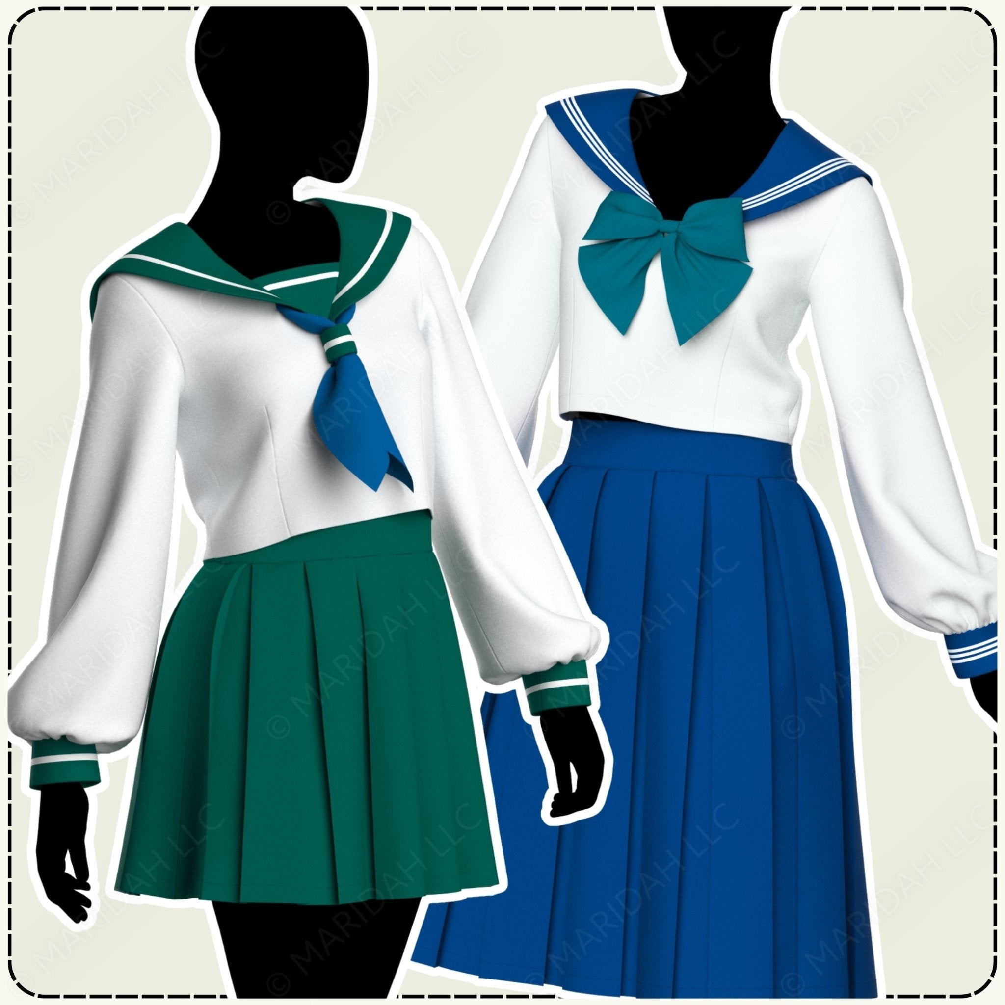 Sailor uniform with white shirt, green pleated skirt, and blue pleated skirt on mannequins.