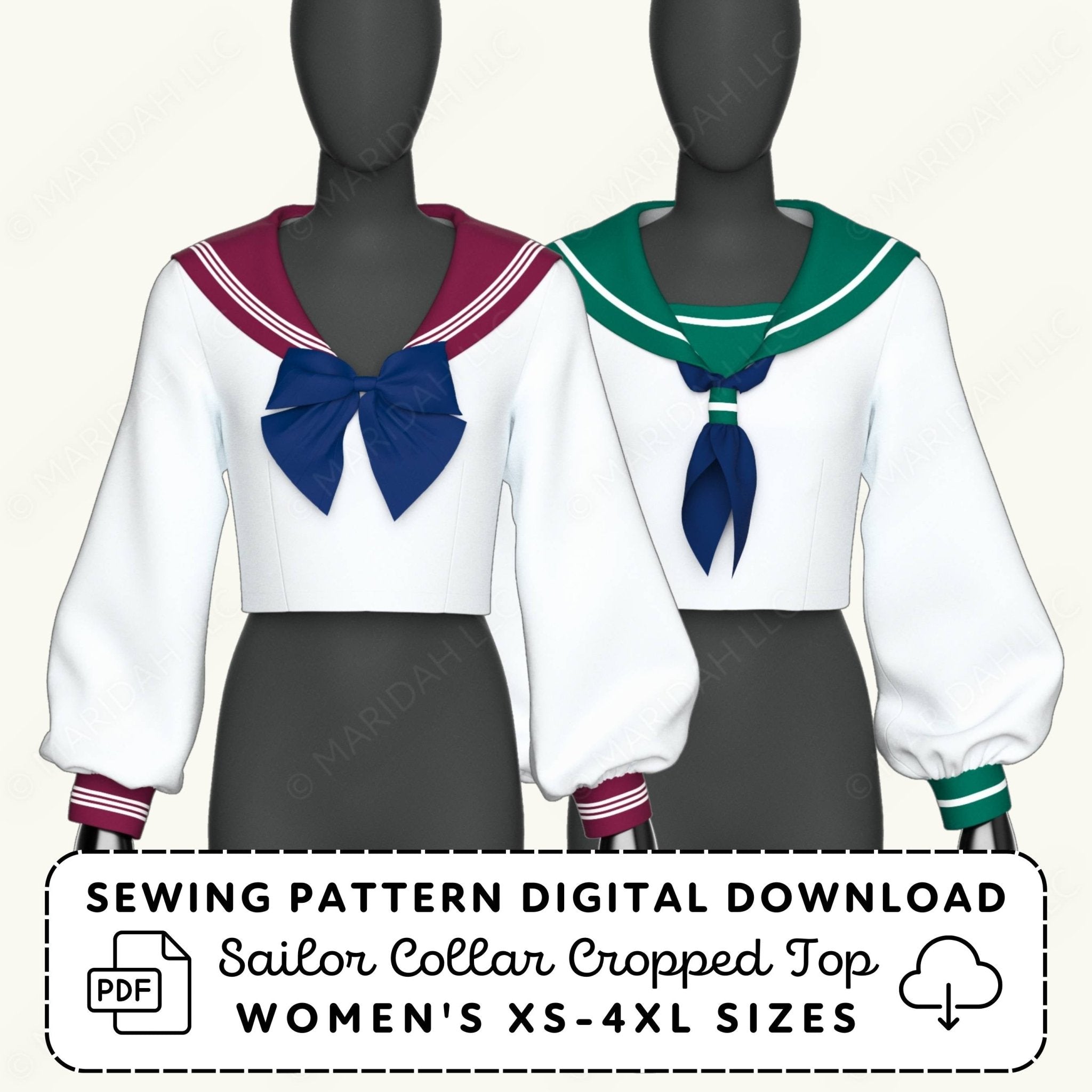 Sailor collar cropped top sewing pattern digital download with mannequins wearing the design.