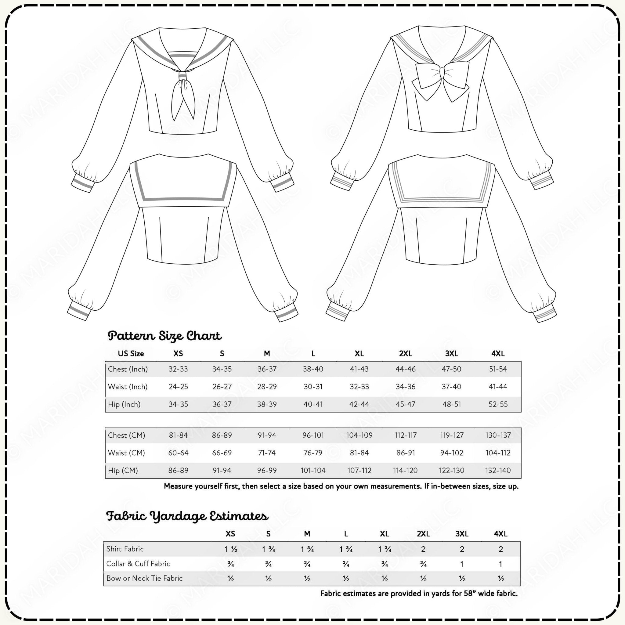 Pattern size chart for a garment with measurements and fabric yardage estimates.