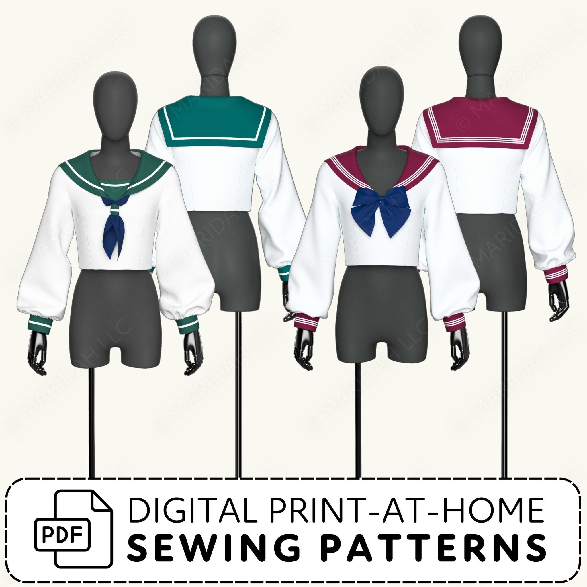 Mannequins wearing sailor-style outfits with color options on a white background, accompanied by text for digital print-at-home sewing patterns.