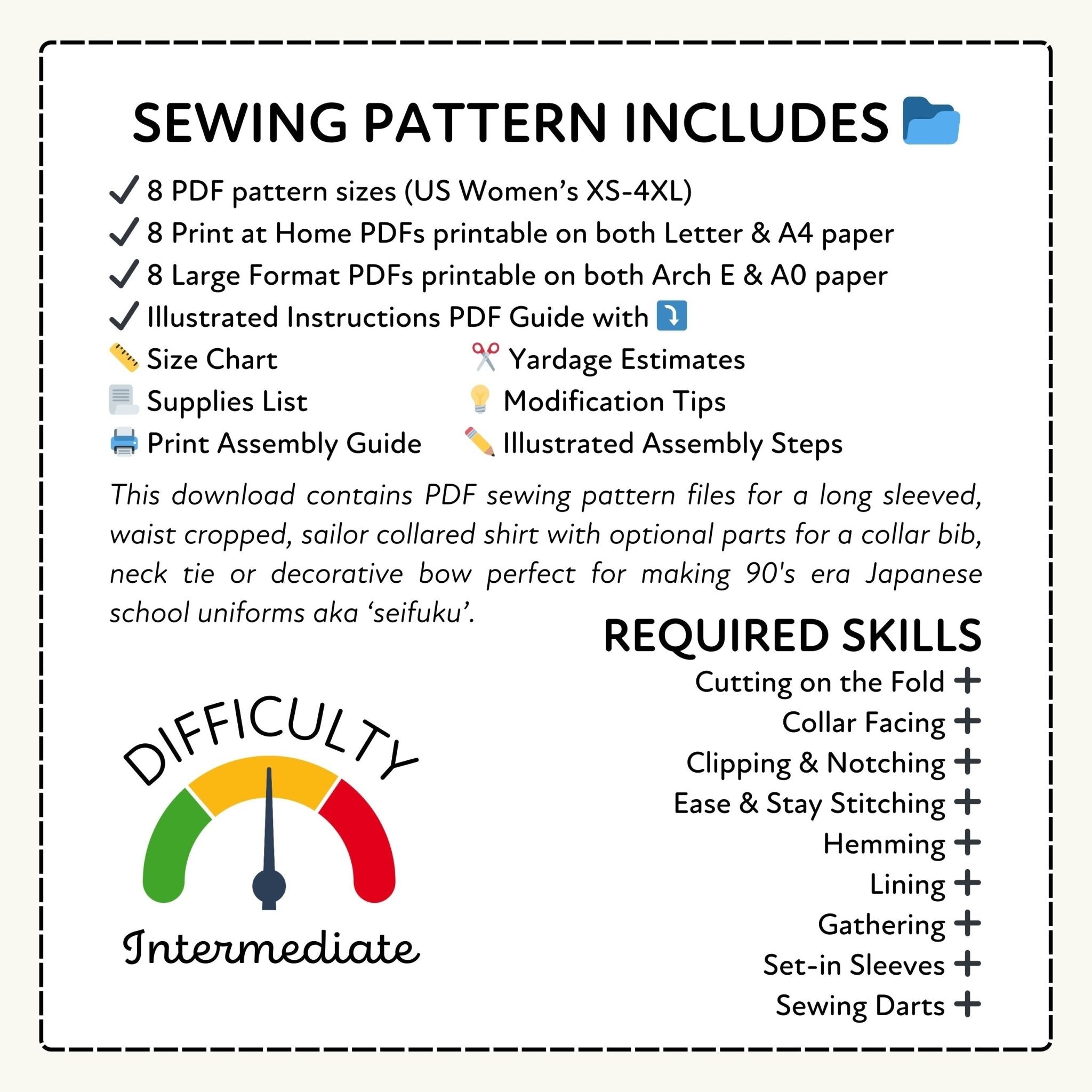 Sewing pattern information sheet with text and icons on a white background