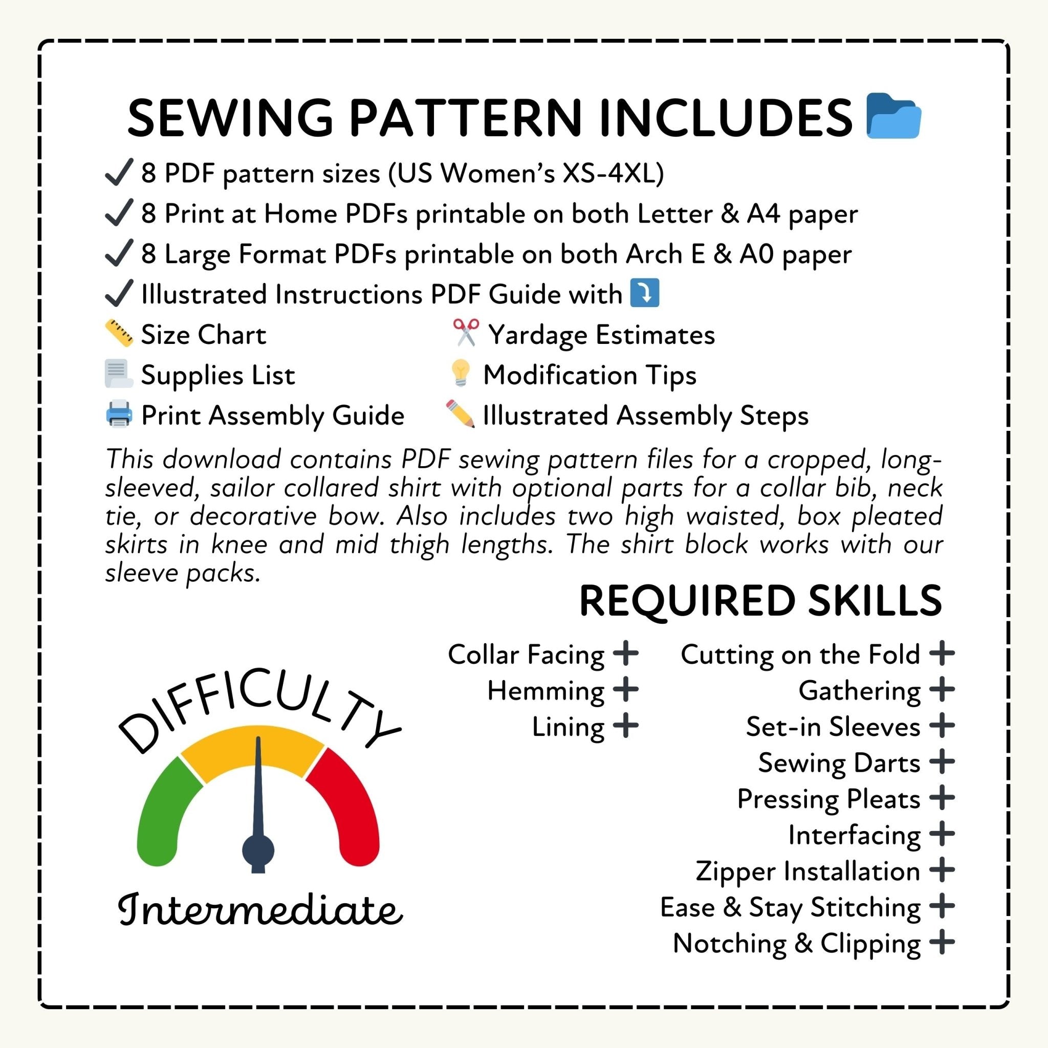 Sewing pattern information with required skills and difficulty level displayed.