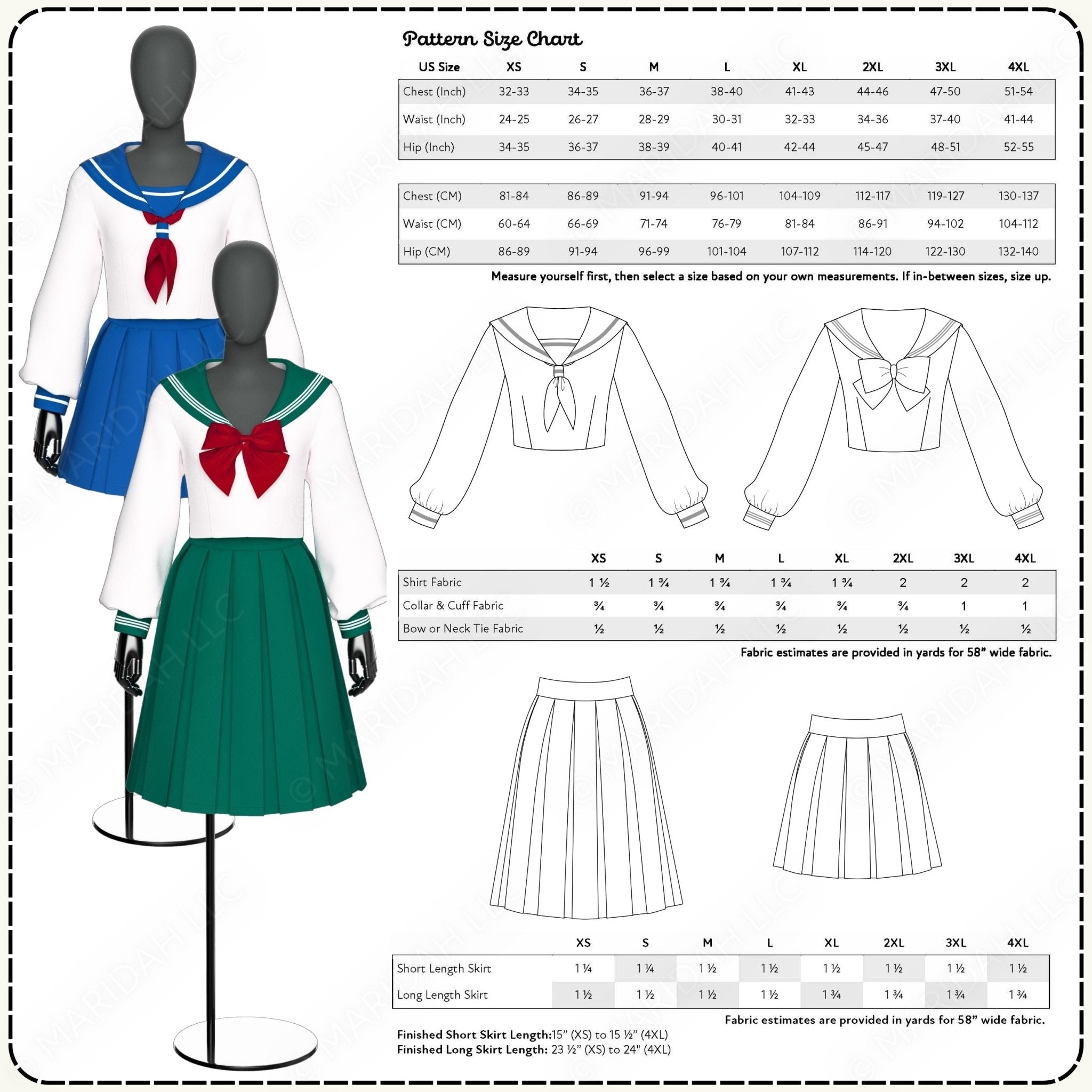 Pattern size chart for a school uniform design with mannequin display and fabric measurements.