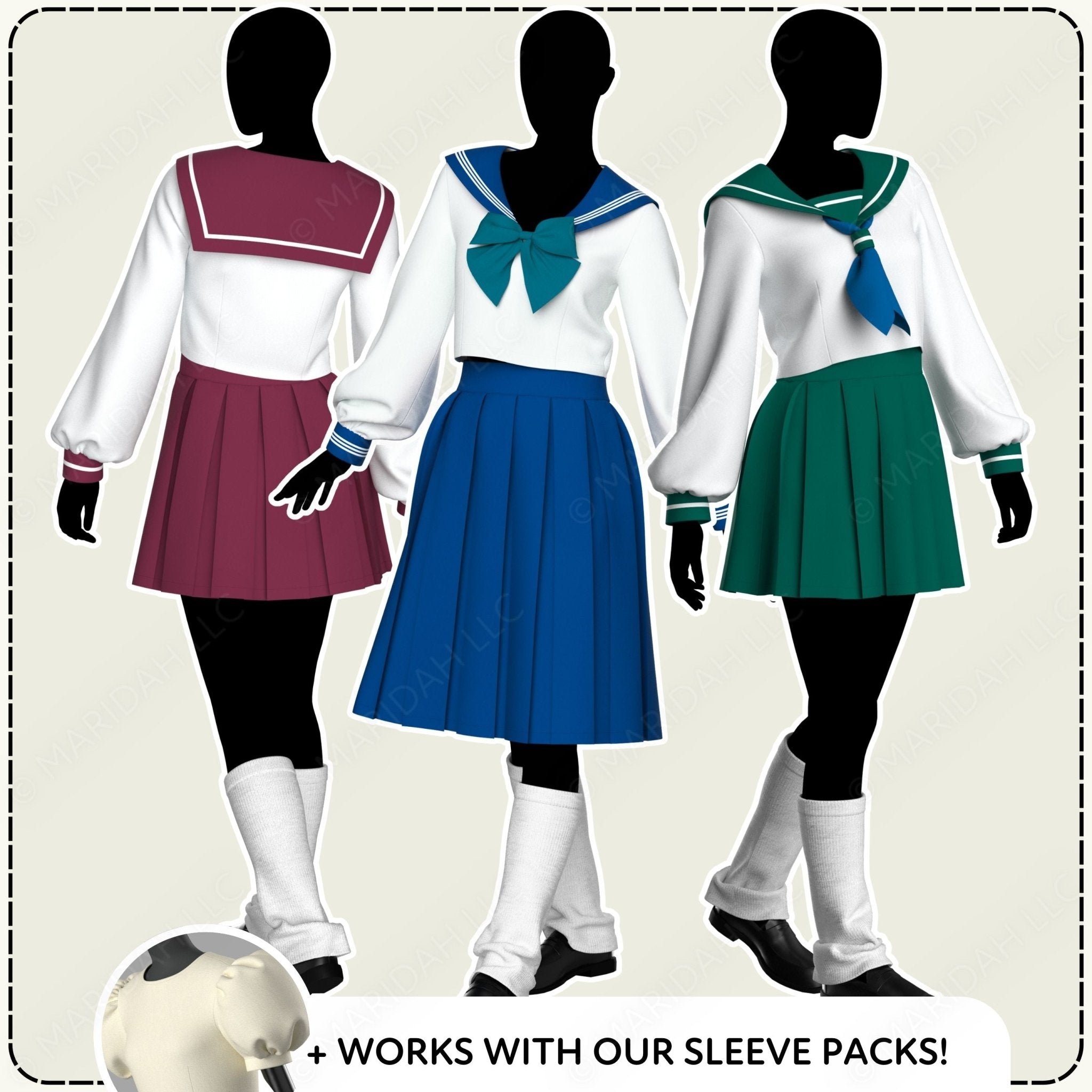 Three mannequins wearing different colored school uniforms.