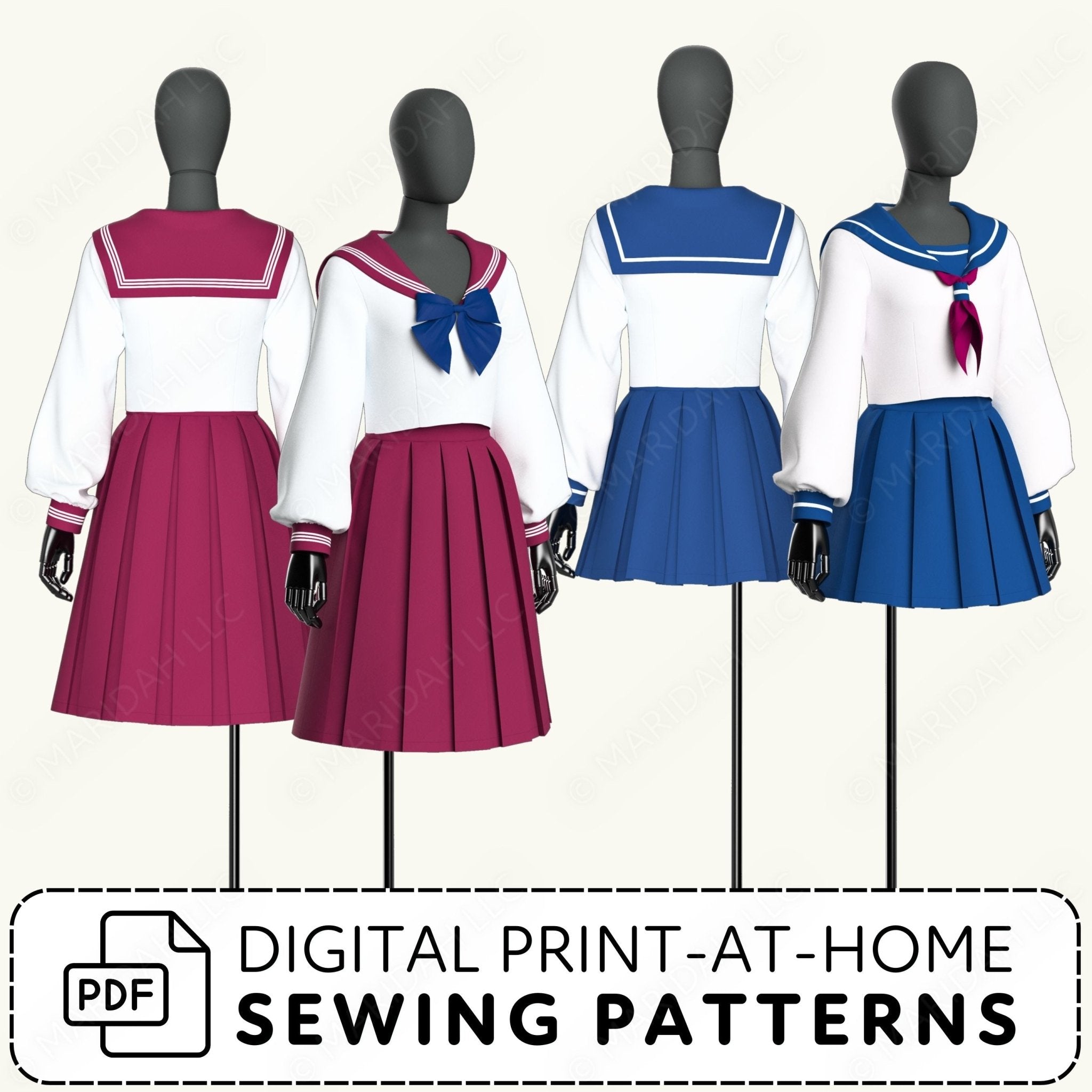 Four mannequins wearing pink and blue school uniform dresses with digital print-at-home sewing pattern text.