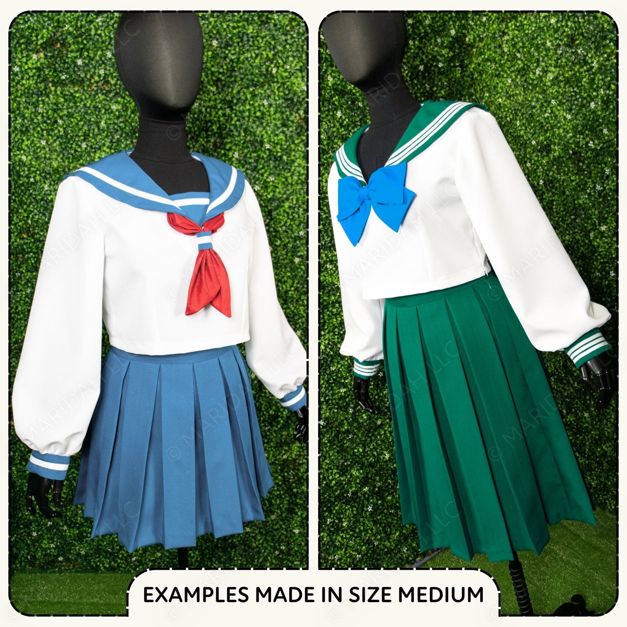 Two mannequins wearing different styles of a sailor uniform with a grass background.