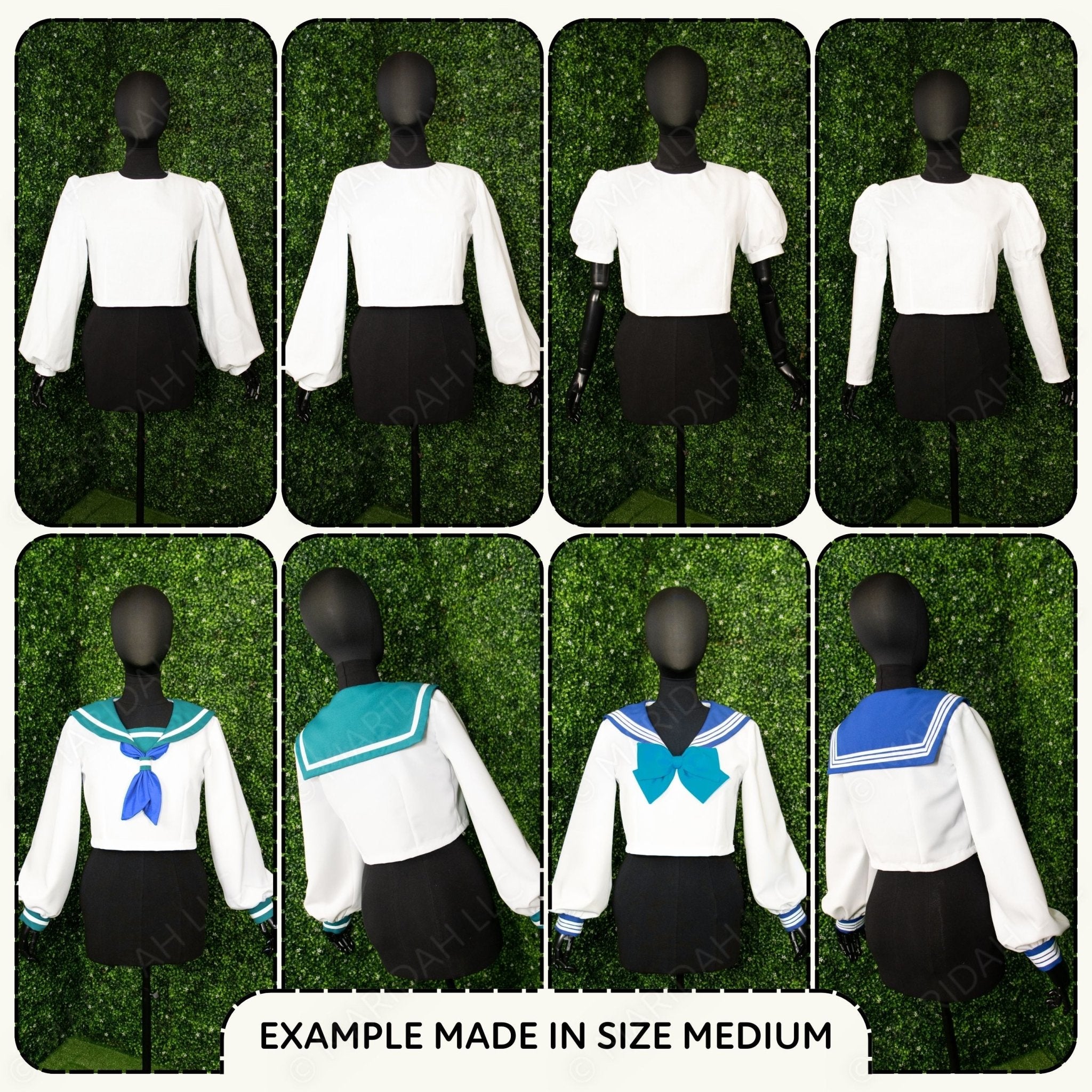 Sailor Shirts and Sleeve Blocks displayed on mannequins in front of a green background