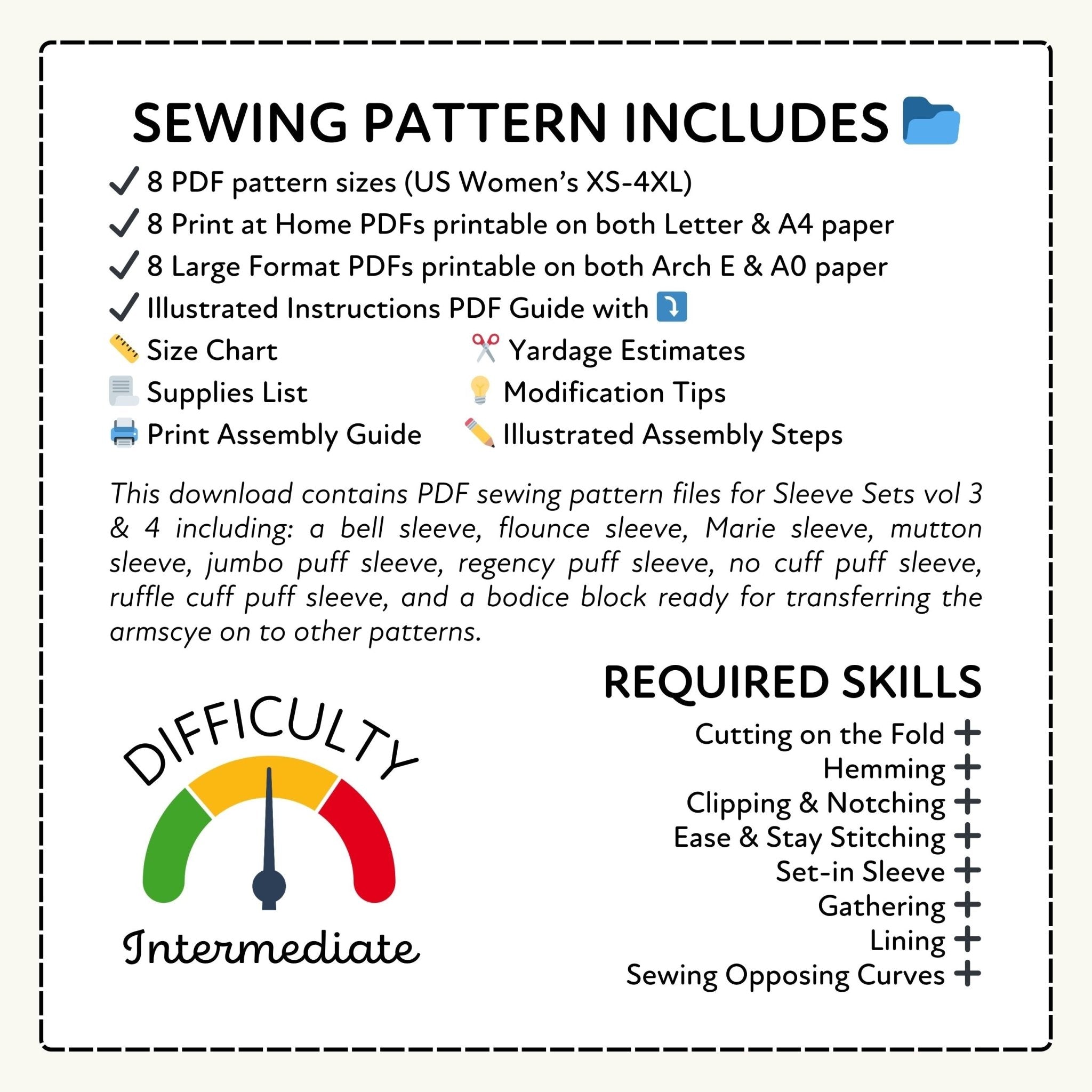 Sewing pattern information with difficulty rating and required skills listed.