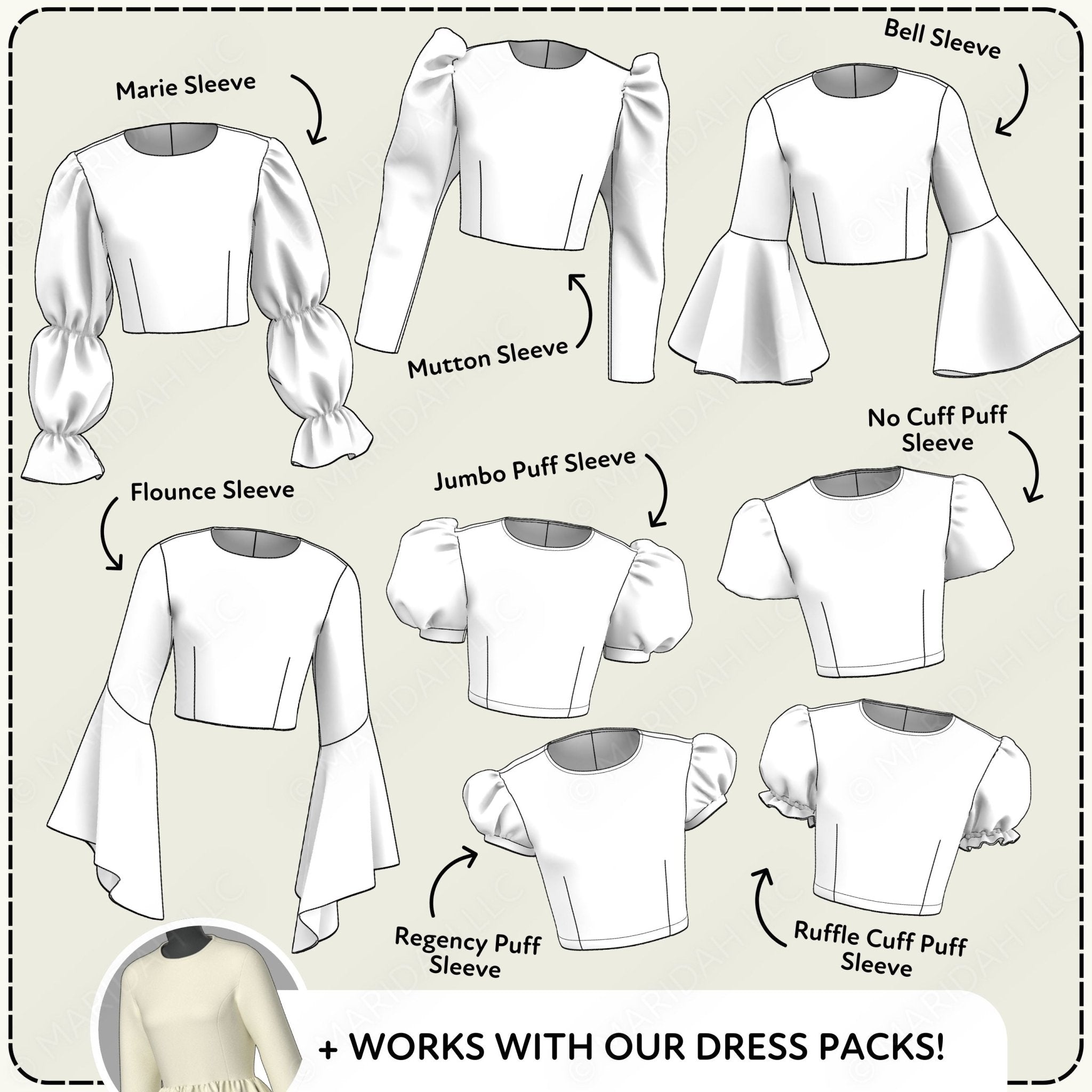 Illustration of various sleeve styles for a dress with labels and a promotional text at the bottom.