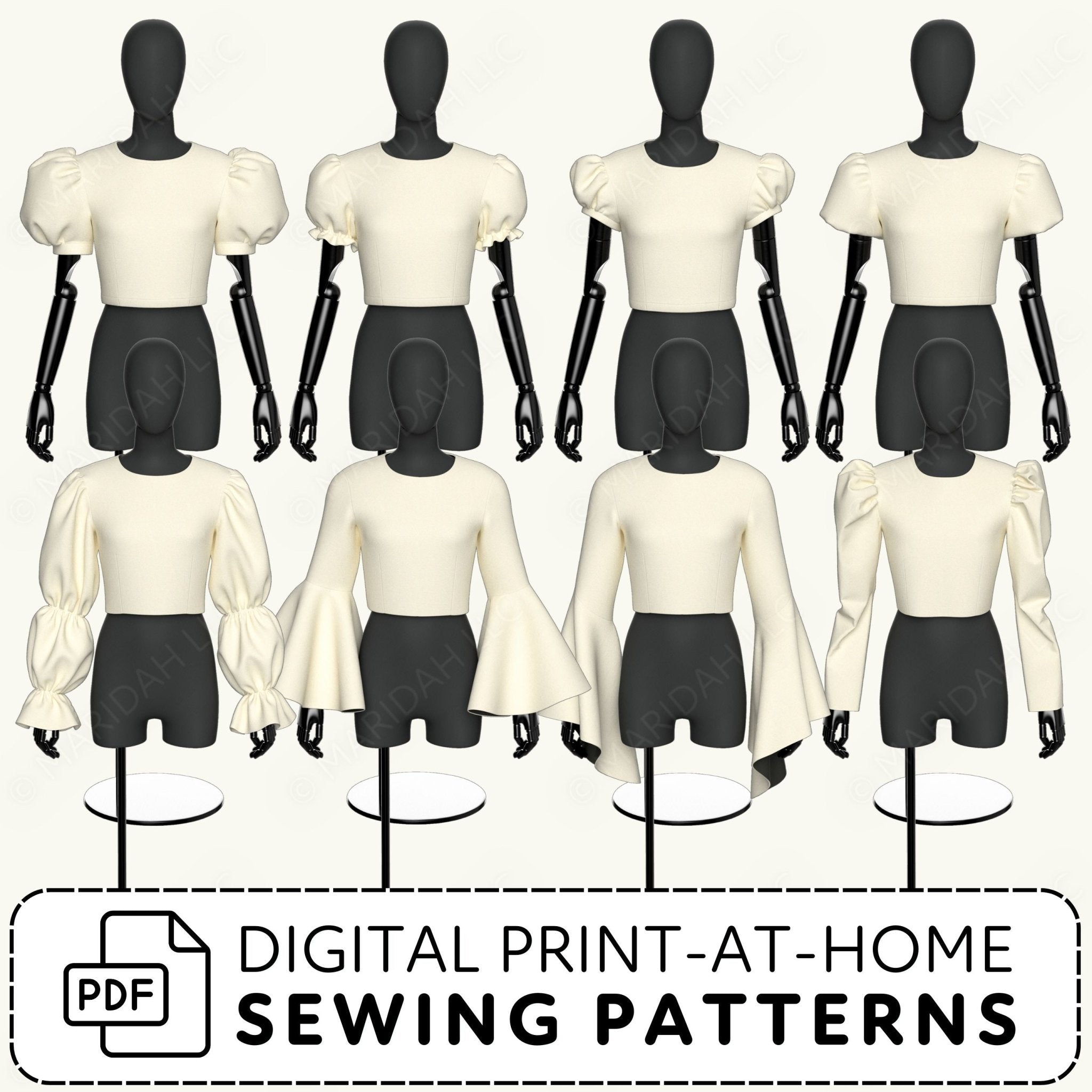 Mannequins wearing white tops and different sleeves with digital print-at-home sewing patterns text.