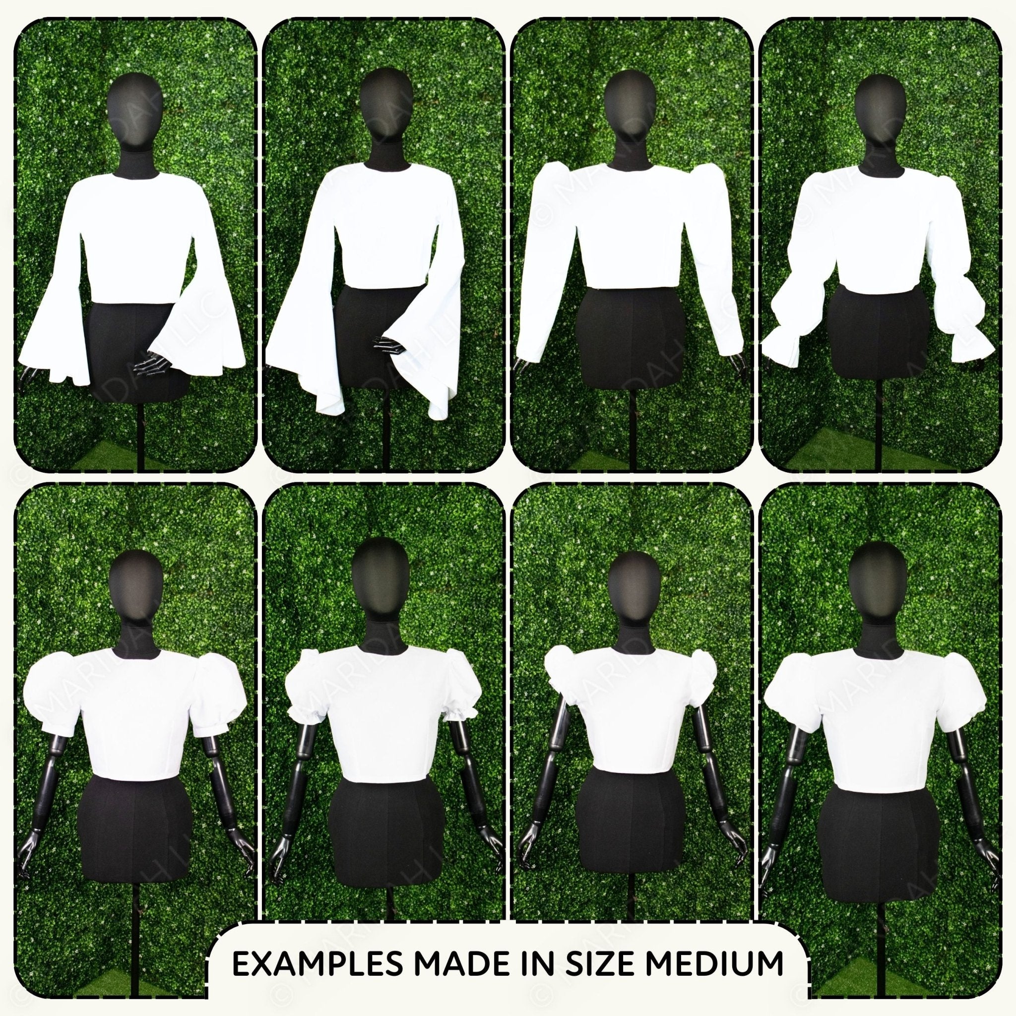 White blouse with puffed sleeves on black mannequins against a green grass background.