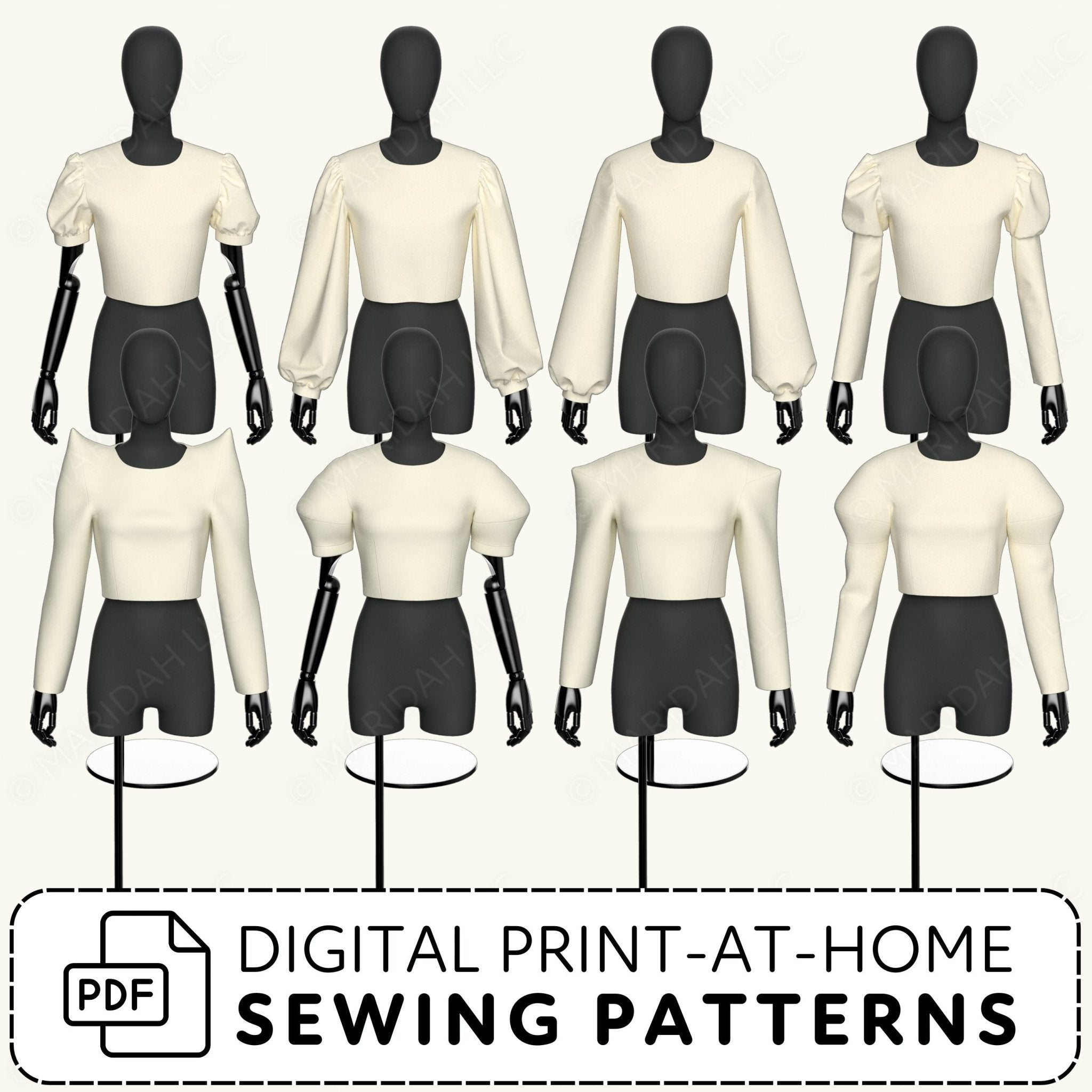 Mannequins wearing cream tops and black pants with digital print-at-home sewing patterns text.
