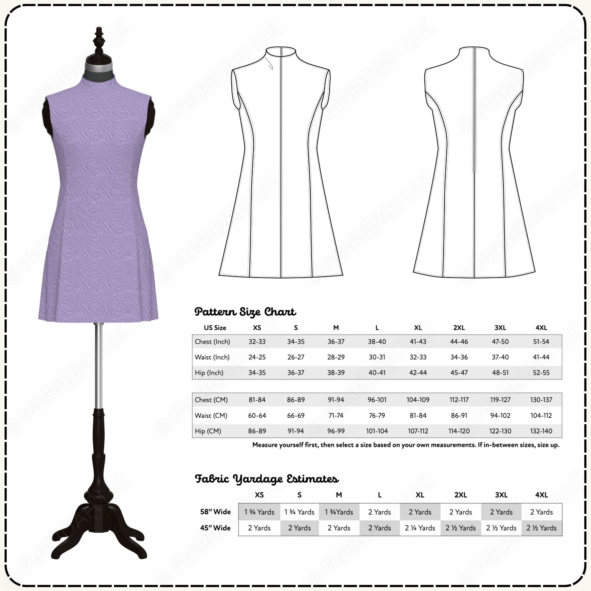 Purple dress on a mannequin with pattern size chart and fabric yardage estimates.