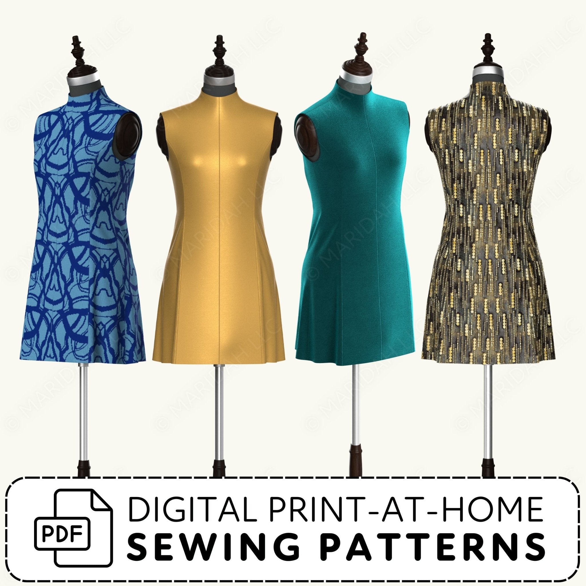 Four mannequins wearing patterned dresses with digital print-at-home sewing patterns text.