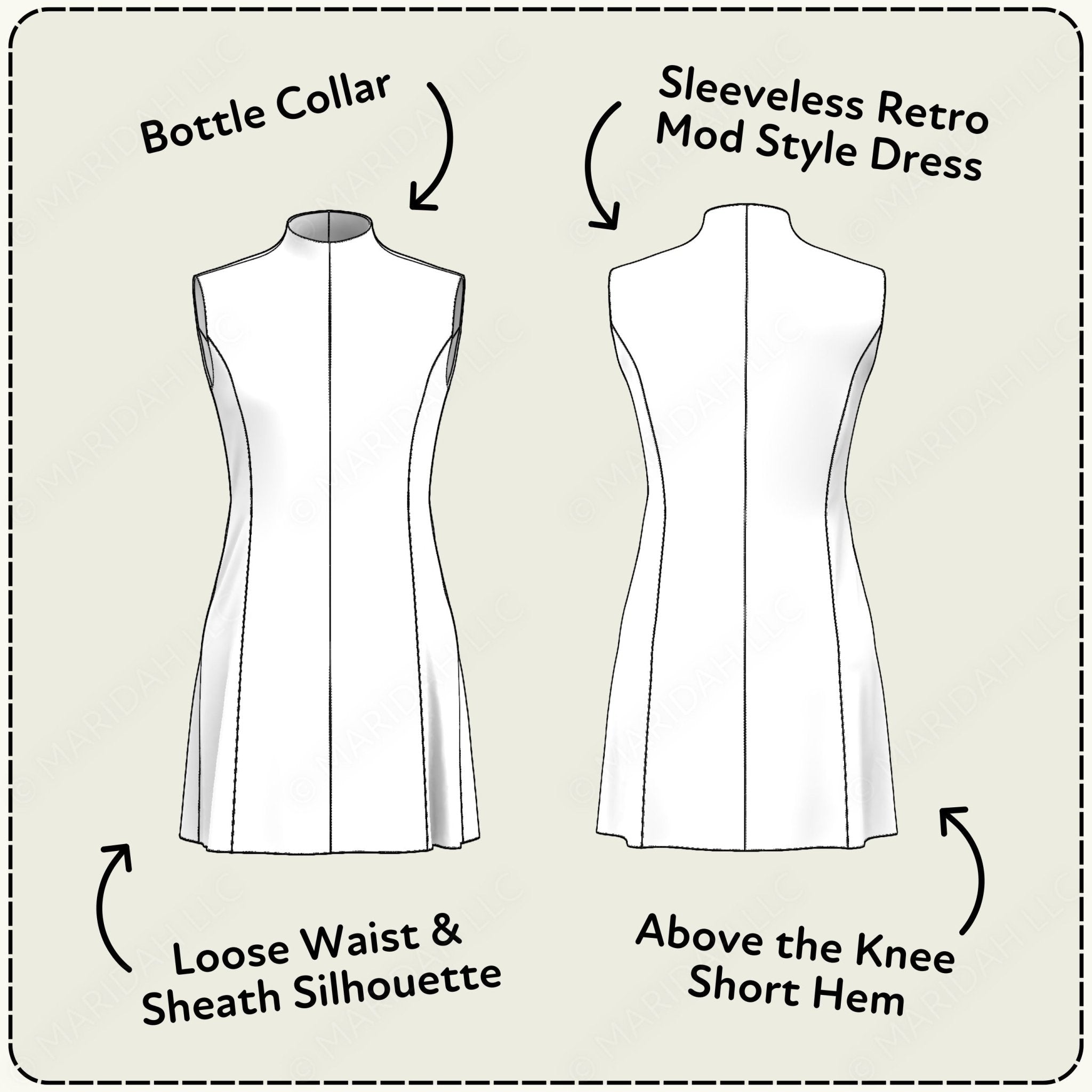 Sleeveless retro mod style dress with labeled features on a beige background