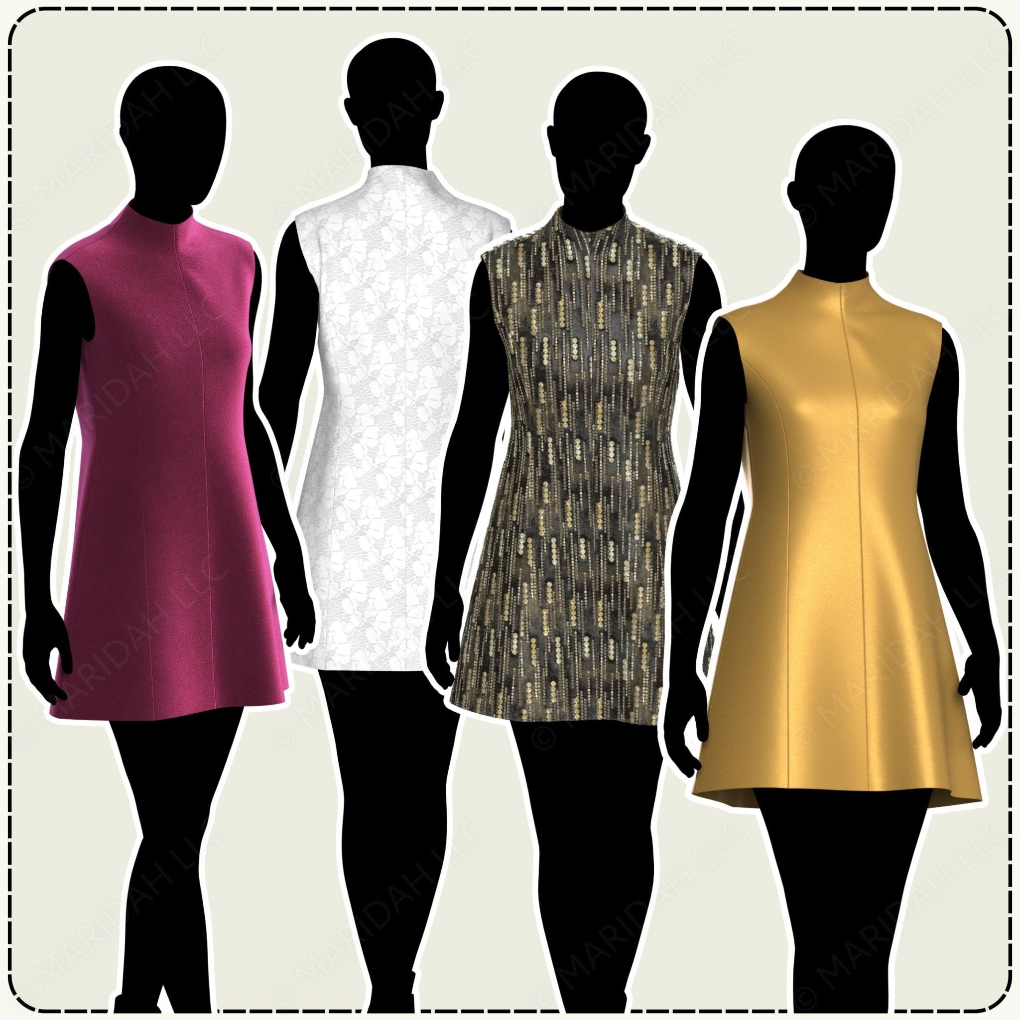 Four silhouettes of women wearing sleeveless dresses in different colors on a plain background.