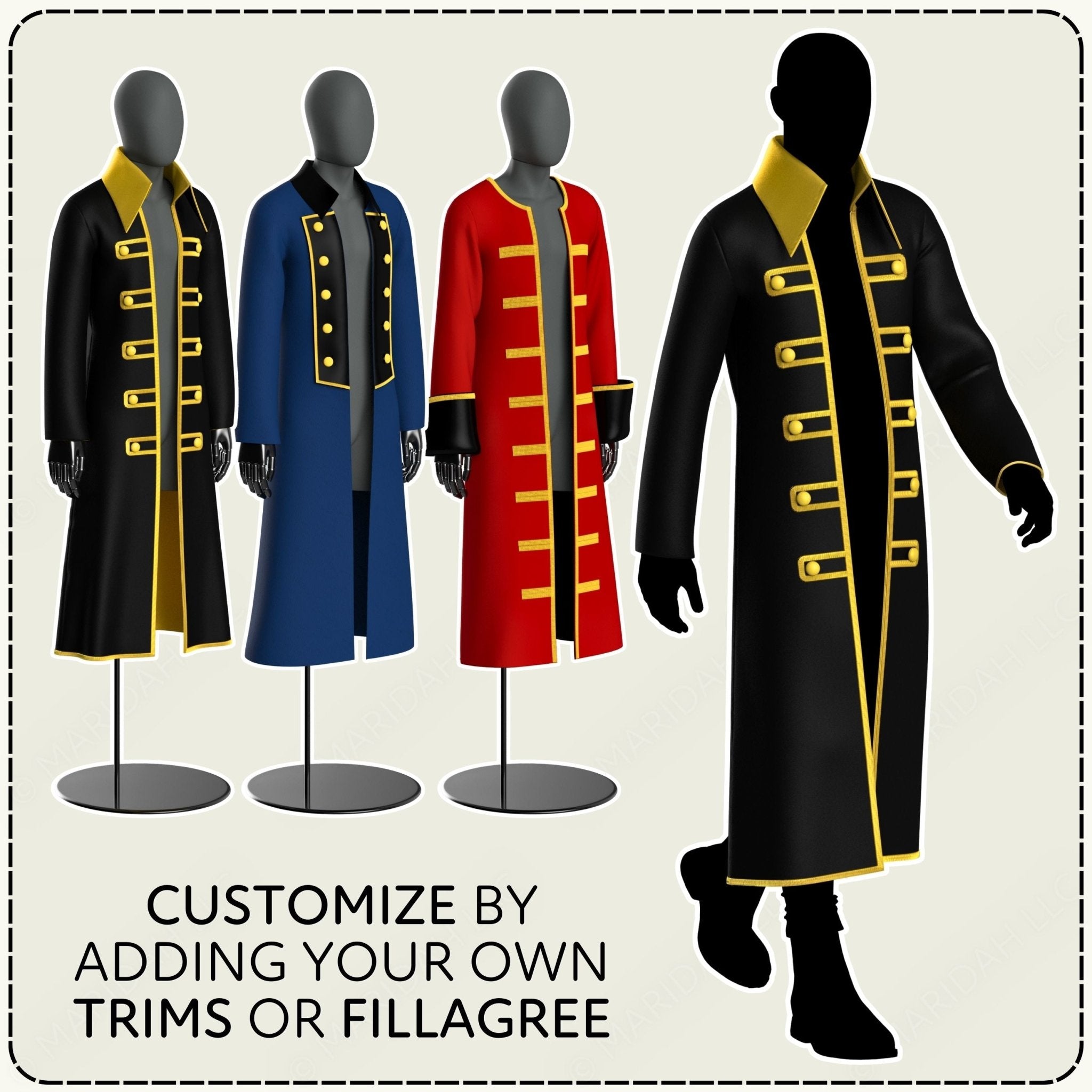 three mannequins wearing different colored coats with gold trim, and there is a silhouette of a person walking in front of the mannequins.