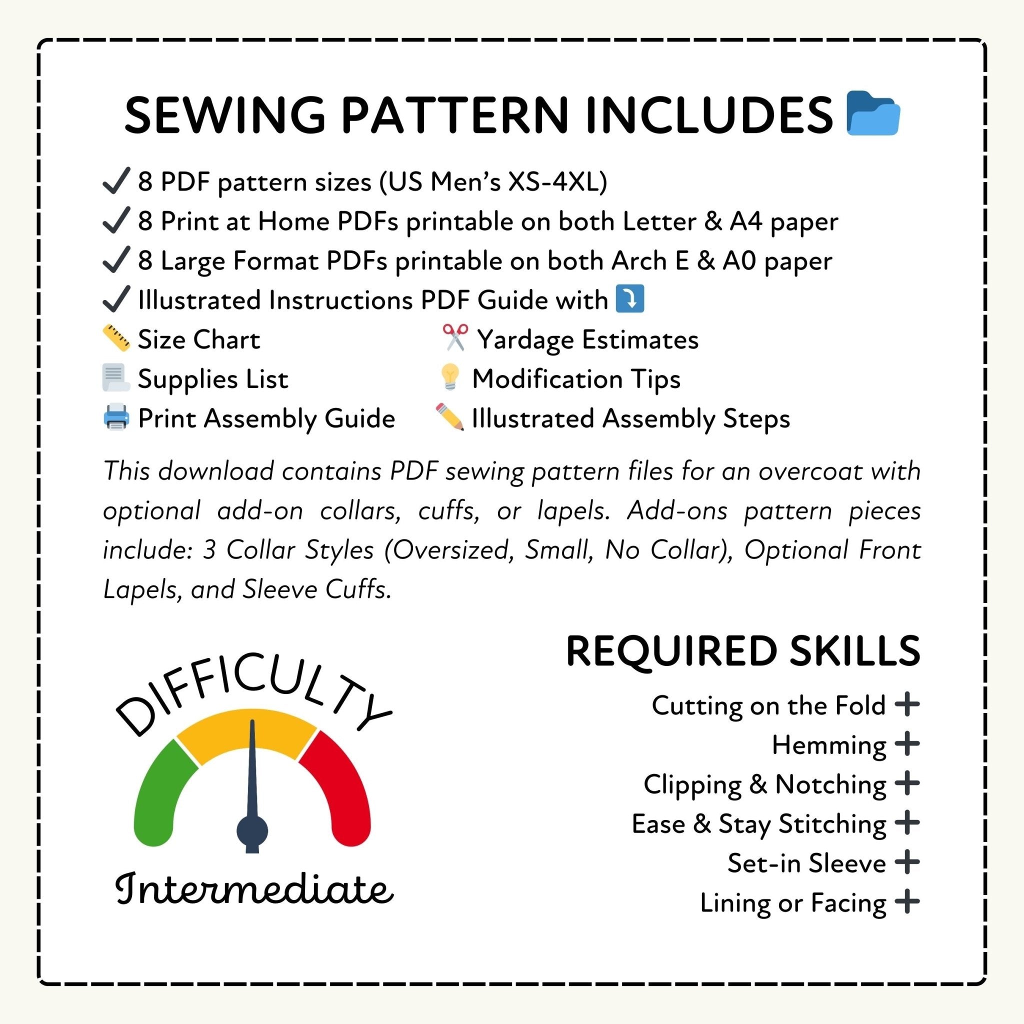 Sewing pattern information with PDF sizes, included items, difficulty level, and required skills.