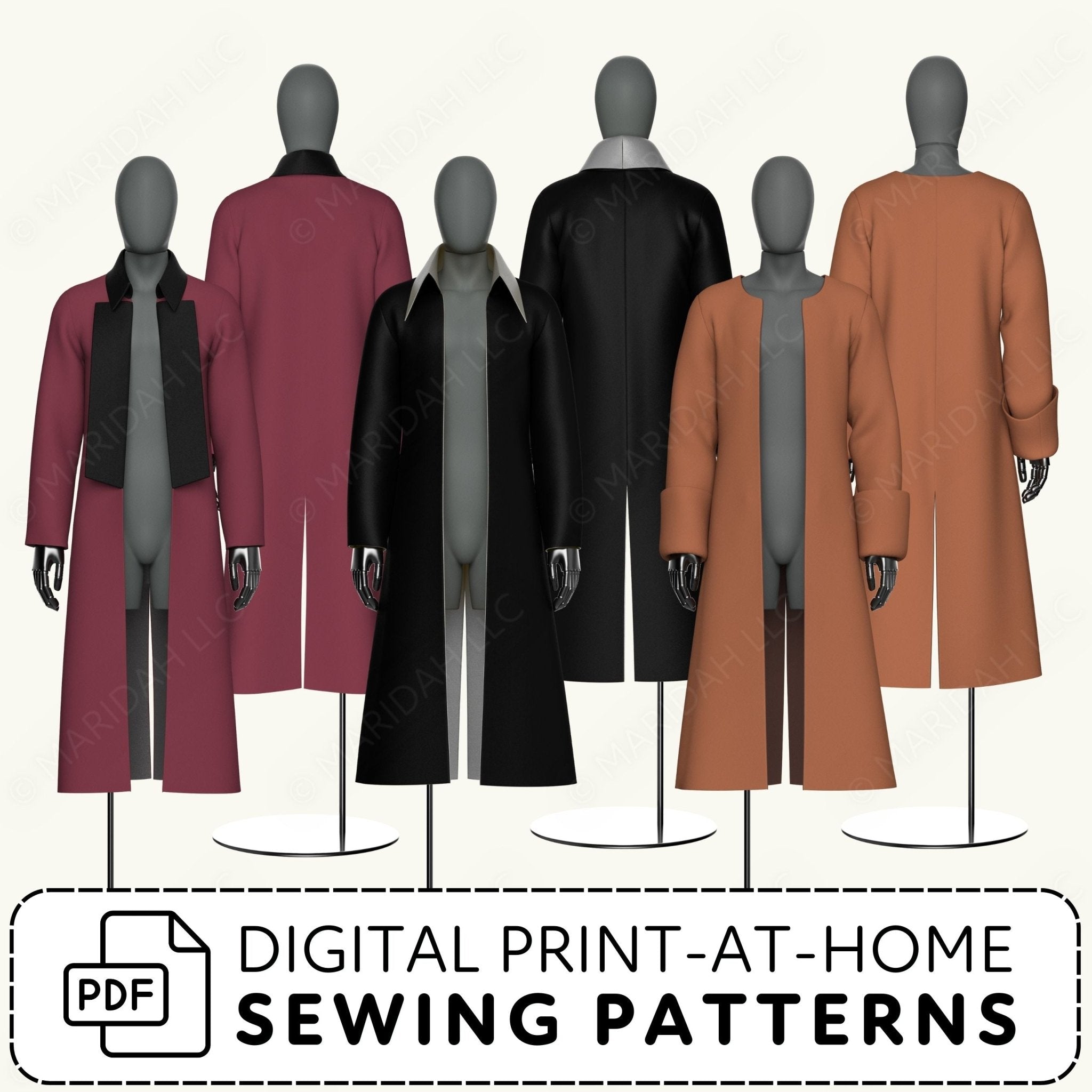 a collection of six mannequins wearing different colored coats, including red, black, and brown.