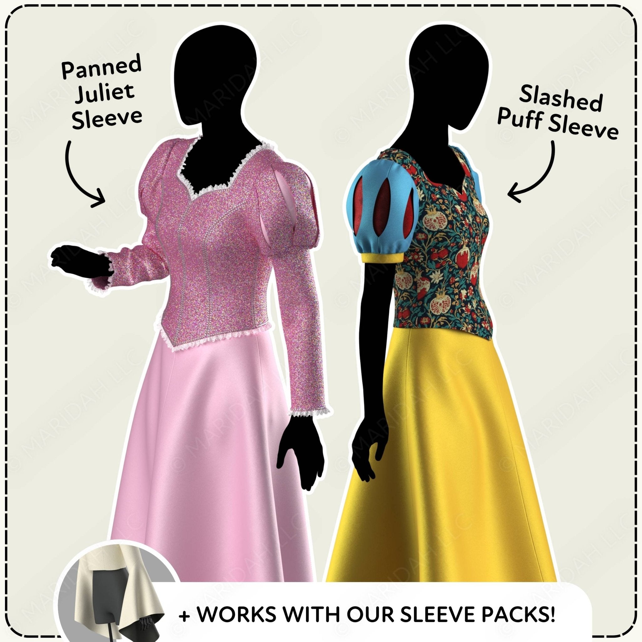 Two mannequins wearing dresses with different sleeve styles labeled &