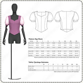 Fashion pattern with mannequin display, size chart, and fabric yardage estimates.