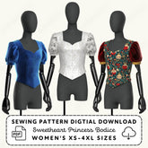 Three mannequins wearing different styles of princess bodices with a sewing pattern digital download text.