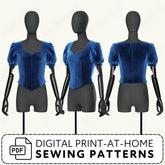 Blue velvet top on a mannequin with digital print-at-home sewing pattern text.