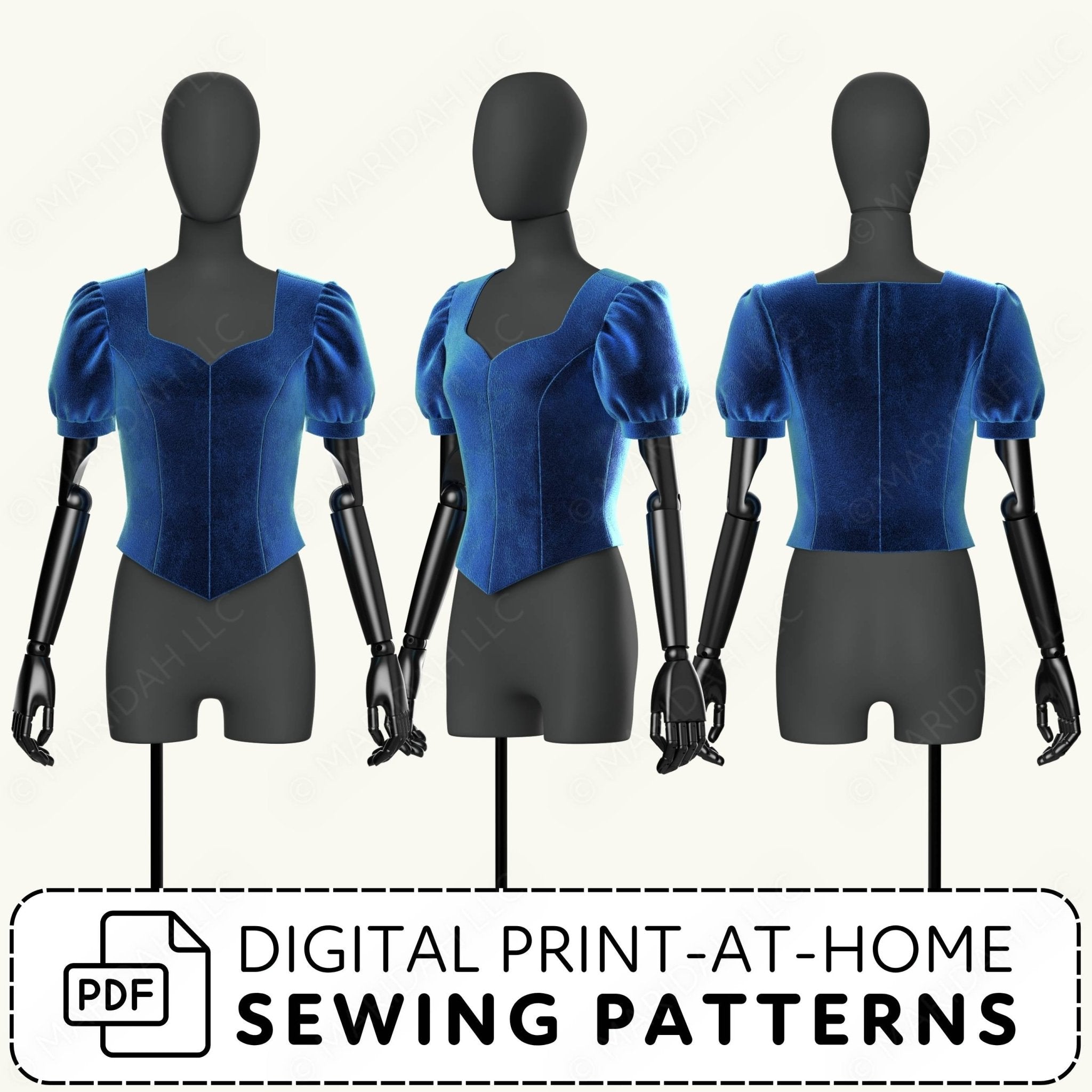 Blue velvet top on a mannequin with digital print-at-home sewing pattern text.