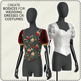 Two mannequins wearing bodices with decorative patterns on a plain background.