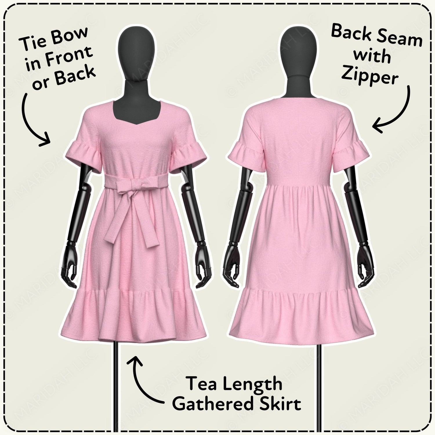 Pink dress on mannequins with labeled features on a beige background