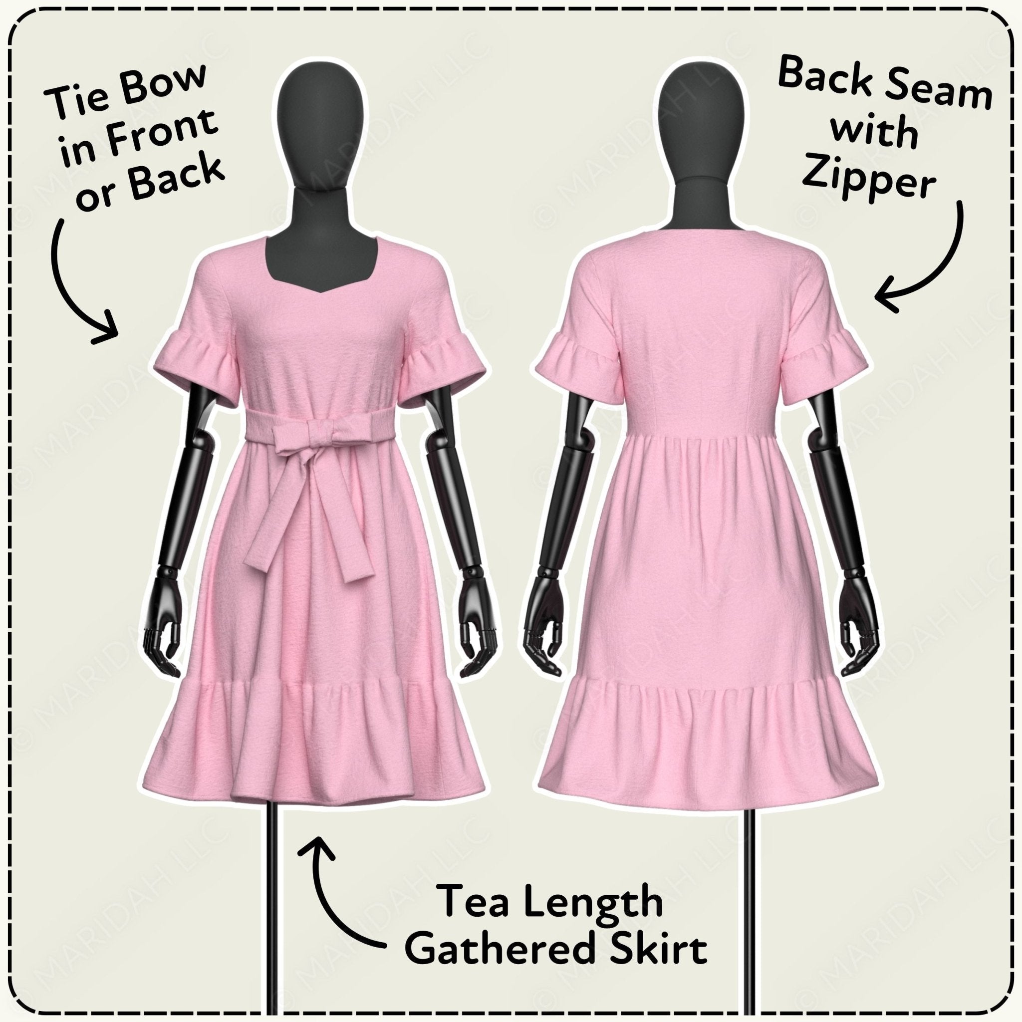 Pink dress on mannequins with labeled features on a beige background