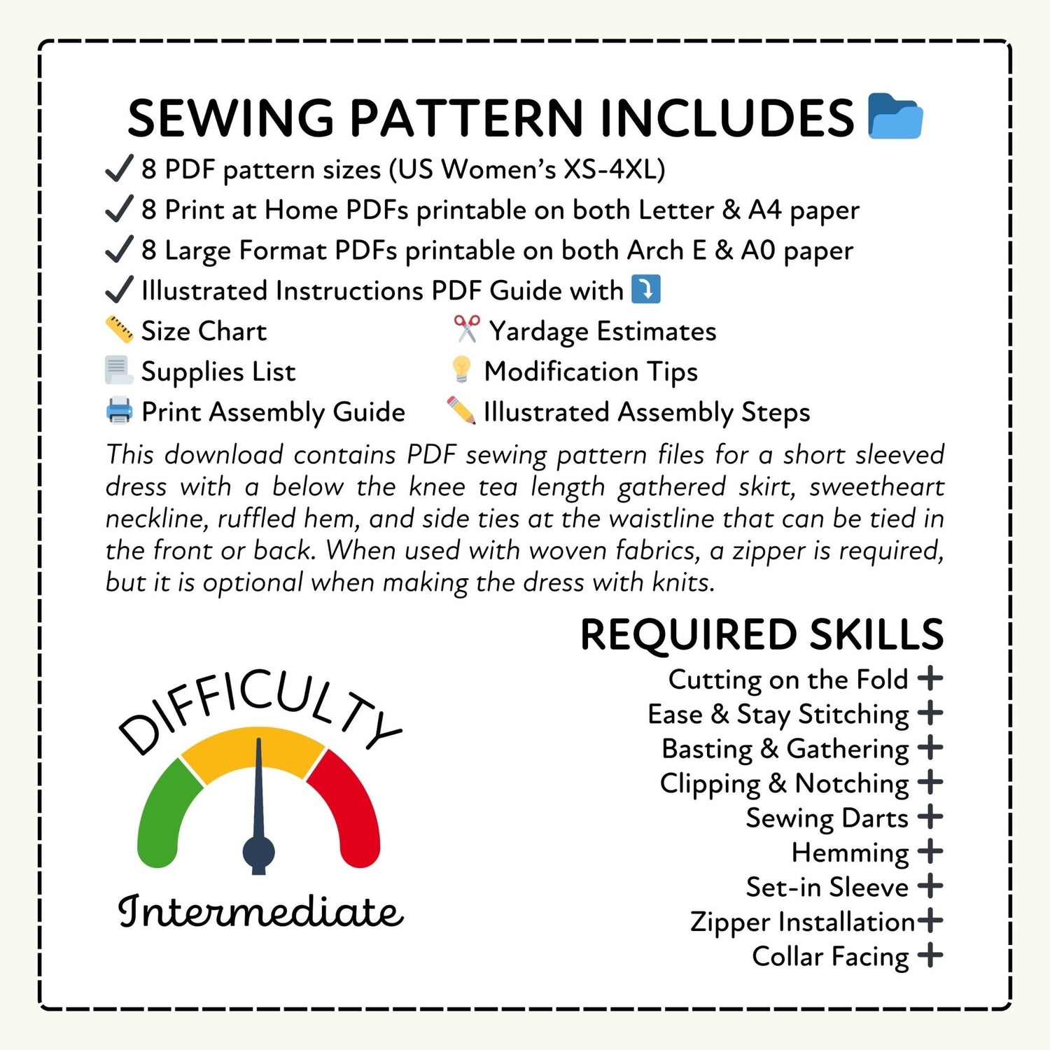 Sewing pattern information sheet with text and icons on a white background