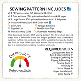 Sewing pattern information sheet with text and icons on a white background