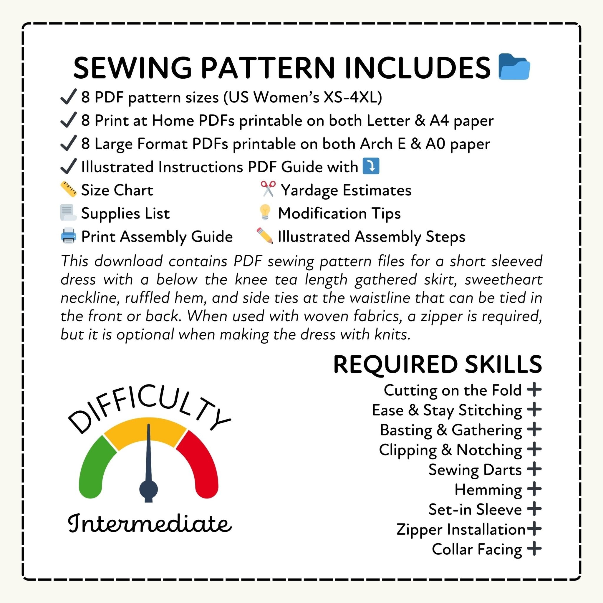 Sewing pattern information sheet with text and icons on a white background