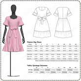 Pink dress on a mannequin with pattern size chart and fabric yardage estimations.