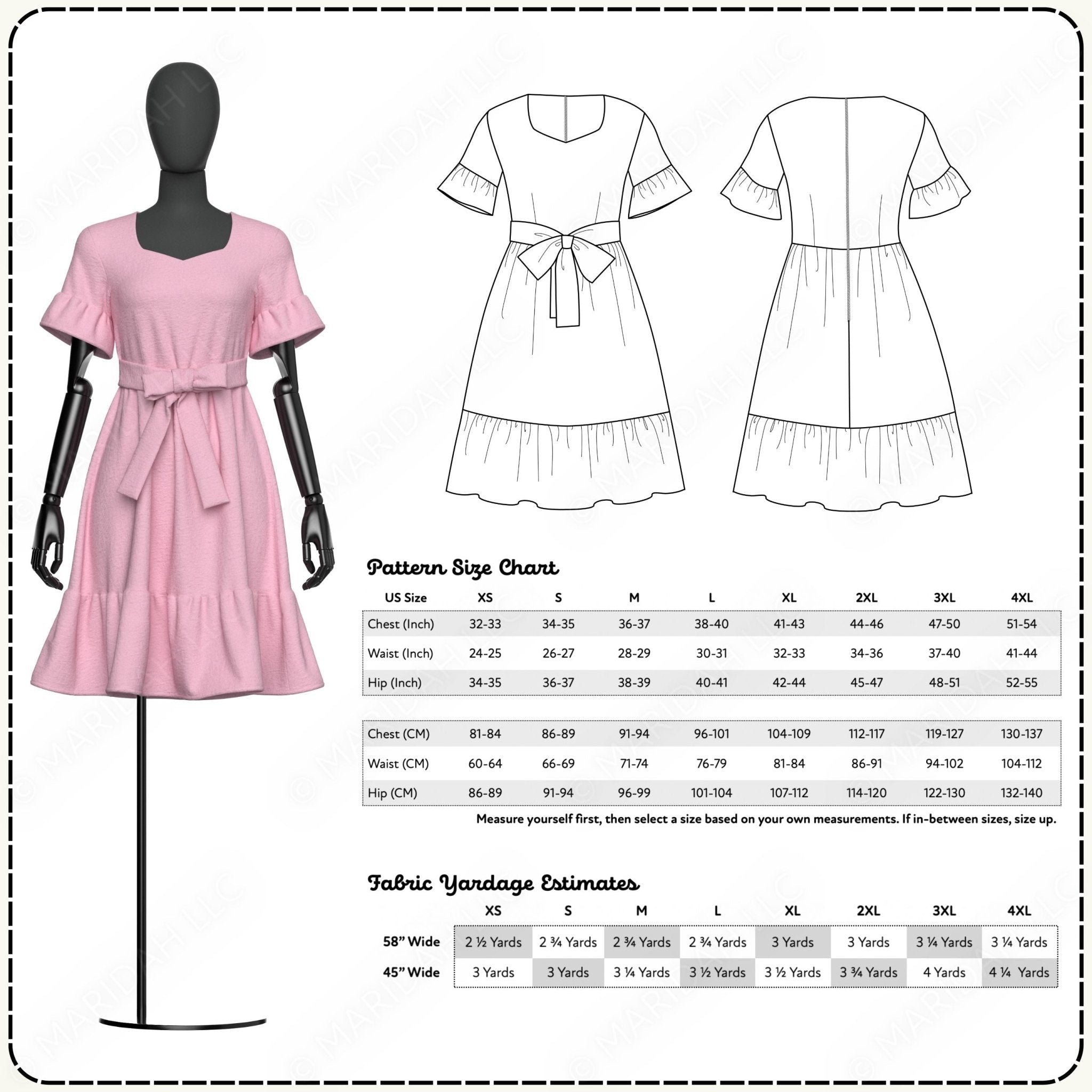 Pink dress on a mannequin with pattern size chart and fabric yardage estimations.