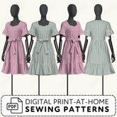 Four mannequins wearing pink and green checkered dresses with digital print-at-home sewing patterns text.