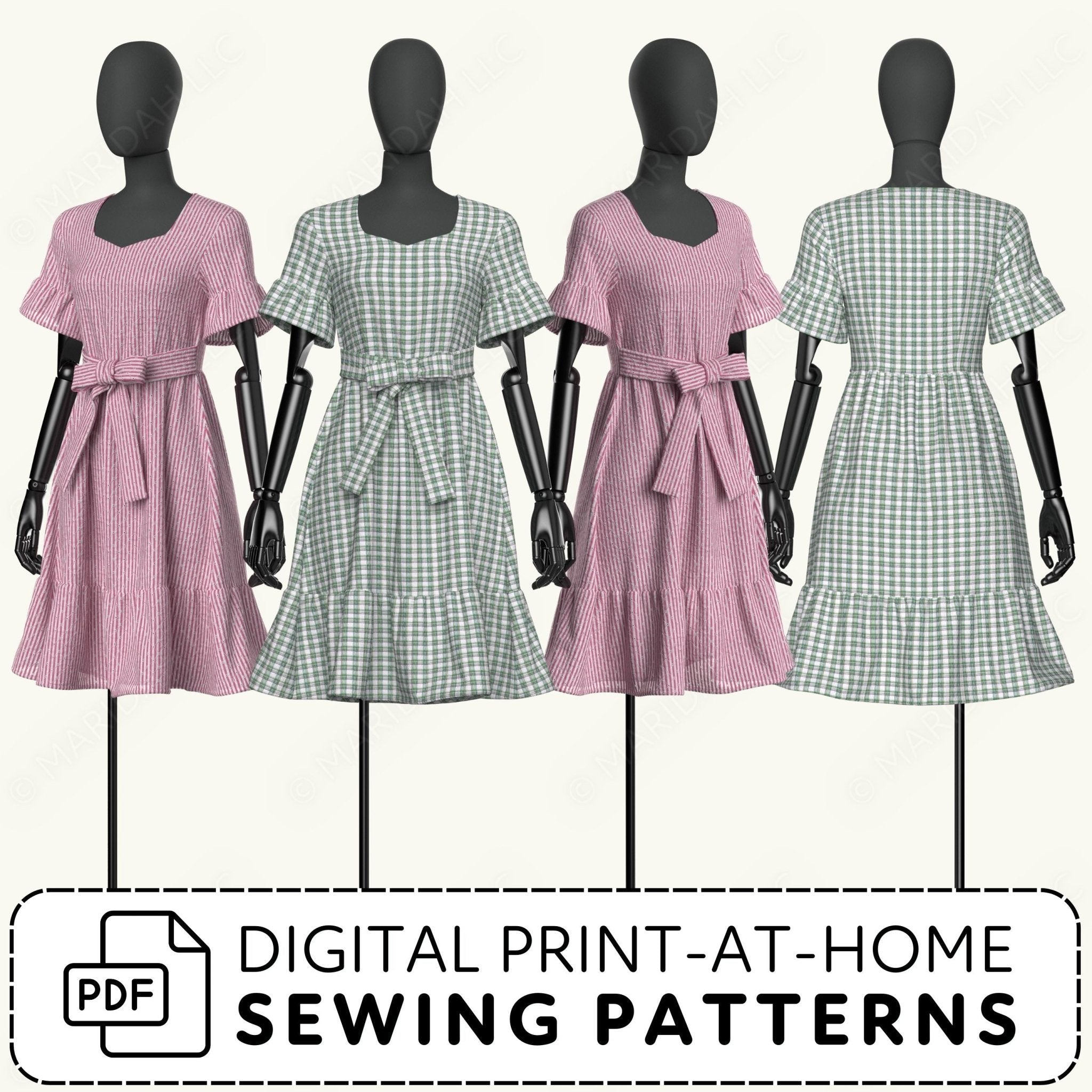 Four mannequins wearing pink and green checkered dresses with digital print-at-home sewing patterns text.